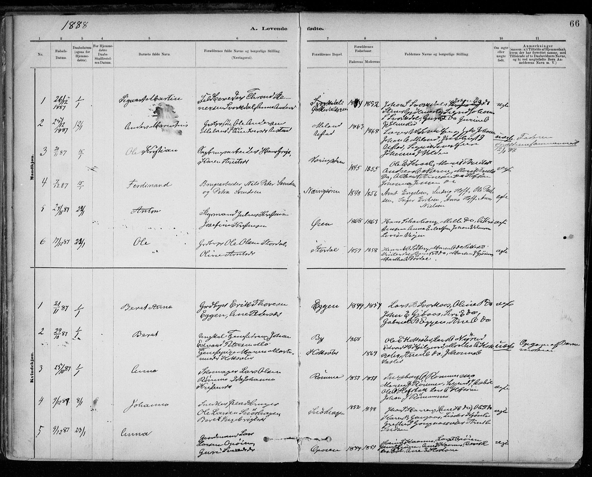Ministerialprotokoller, klokkerbøker og fødselsregistre - Sør-Trøndelag, SAT/A-1456/668/L0809: Parish register (official) no. 668A09, 1881-1895, p. 66