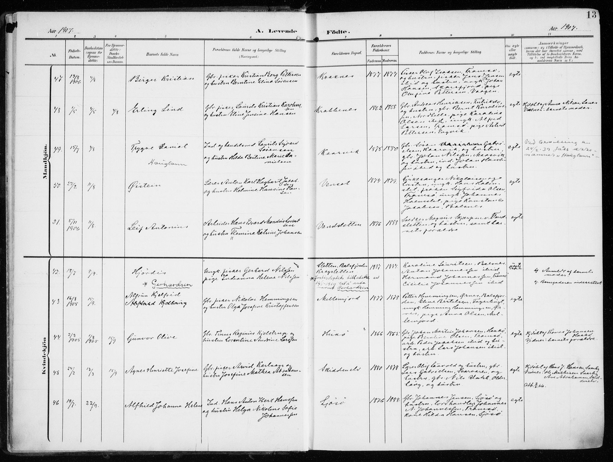 Tromsøysund sokneprestkontor, AV/SATØ-S-1304/G/Ga/L0007kirke: Parish register (official) no. 7, 1907-1914, p. 13