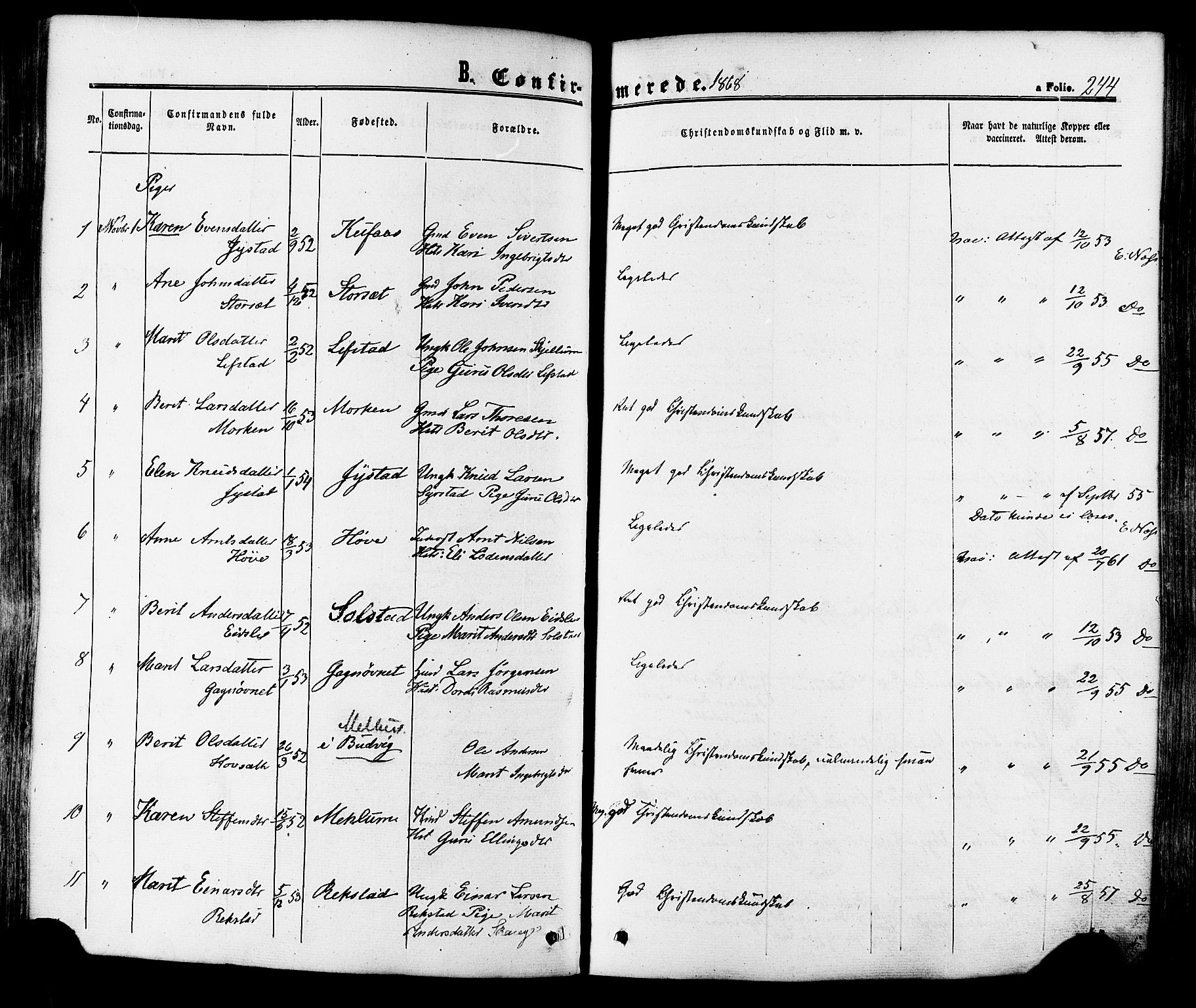 Ministerialprotokoller, klokkerbøker og fødselsregistre - Sør-Trøndelag, SAT/A-1456/665/L0772: Parish register (official) no. 665A07, 1856-1878, p. 244