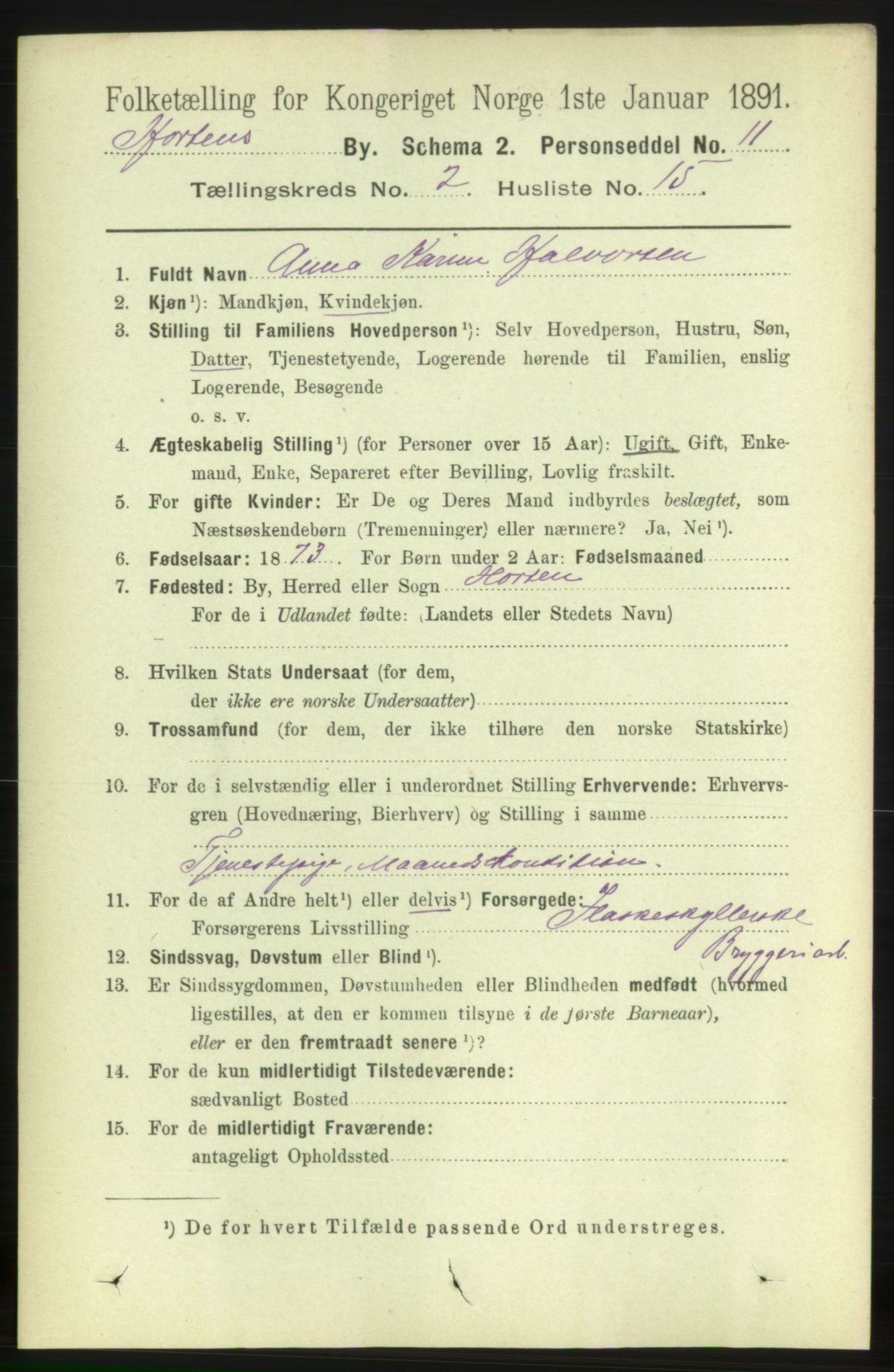 RA, 1891 census for 0703 Horten, 1891, p. 2188