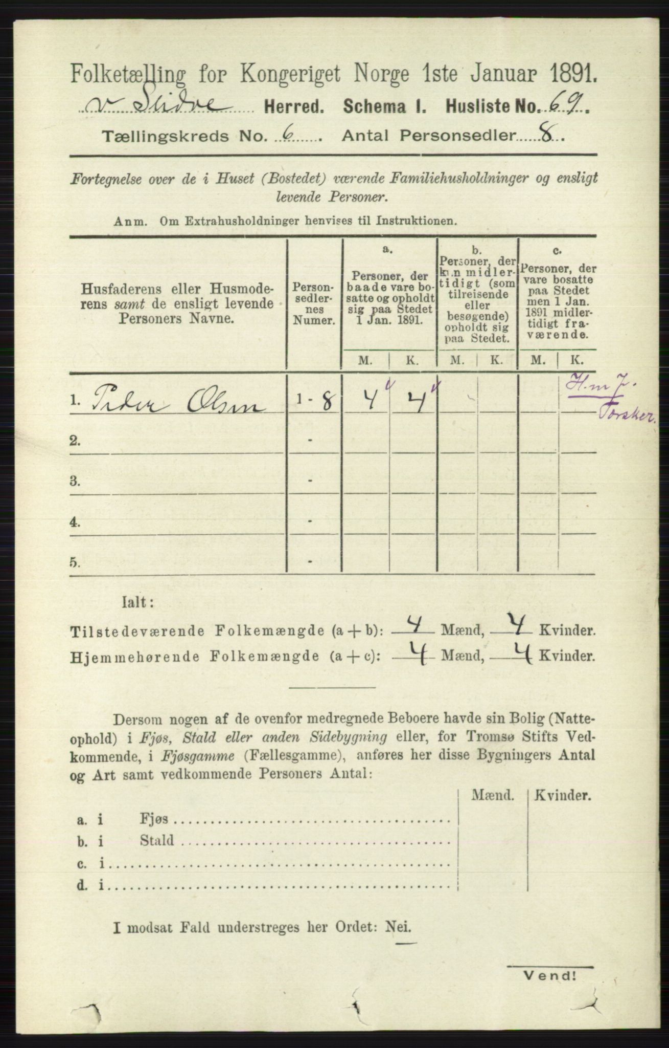 RA, 1891 census for 0543 Vestre Slidre, 1891, p. 2058