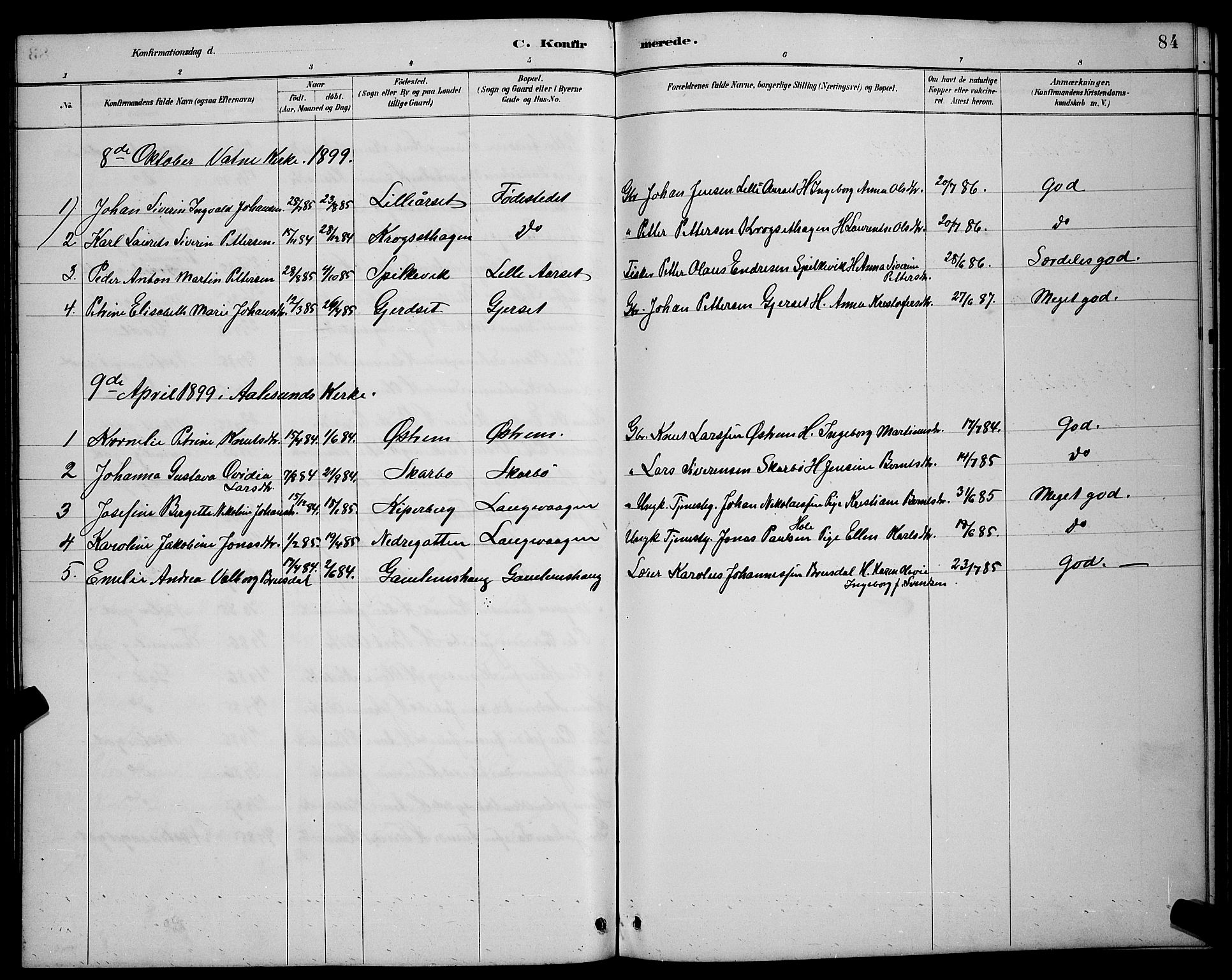 Ministerialprotokoller, klokkerbøker og fødselsregistre - Møre og Romsdal, AV/SAT-A-1454/528/L0430: Parish register (copy) no. 528C11, 1884-1899, p. 84