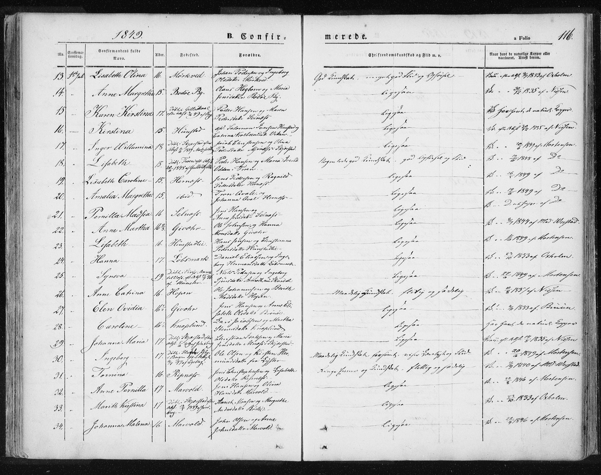 Ministerialprotokoller, klokkerbøker og fødselsregistre - Nordland, SAT/A-1459/801/L0007: Parish register (official) no. 801A07, 1845-1863, p. 116