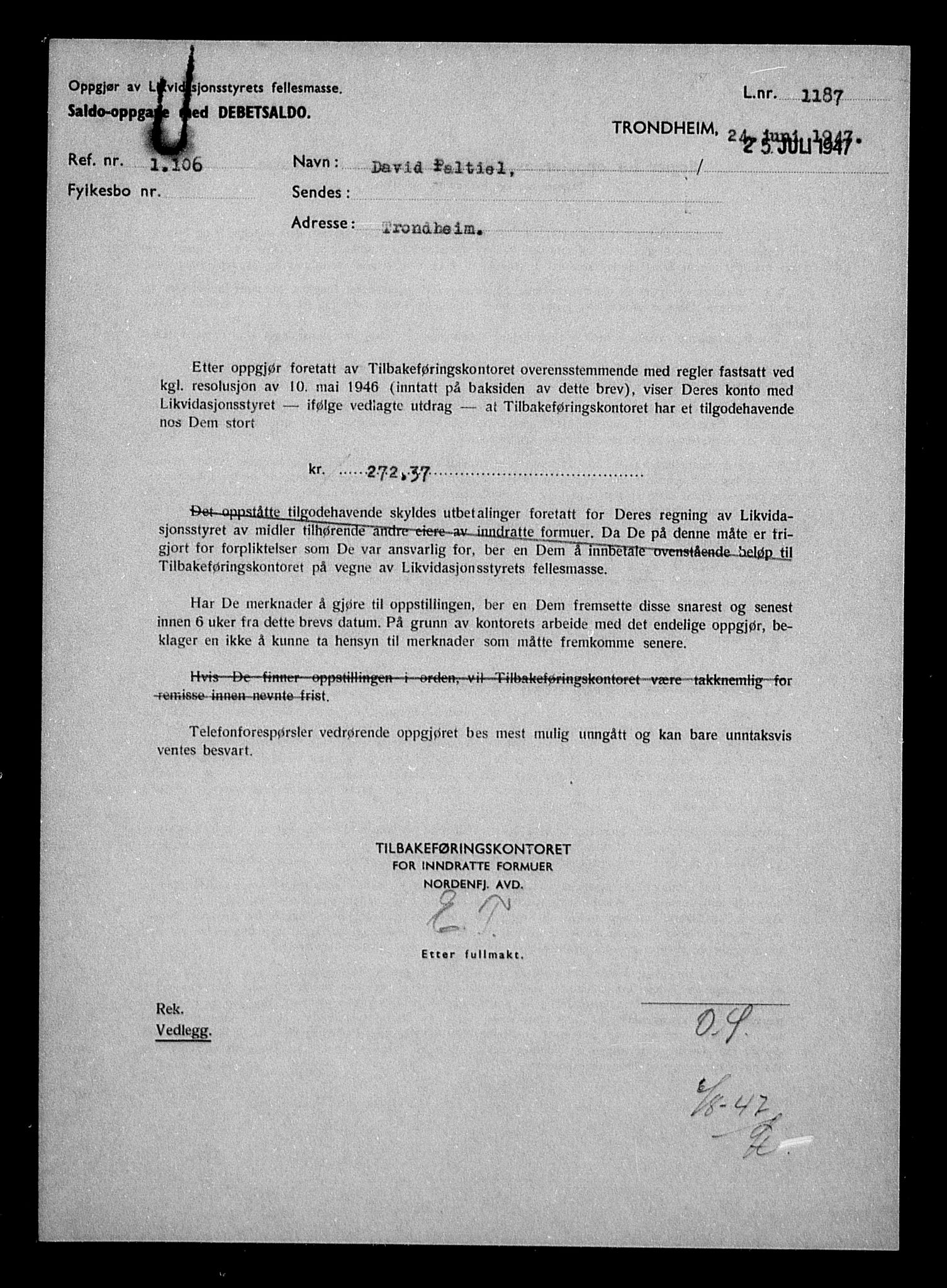 Justisdepartementet, Tilbakeføringskontoret for inndratte formuer, AV/RA-S-1564/H/Hc/Hca/L0906: --, 1945-1947, p. 278