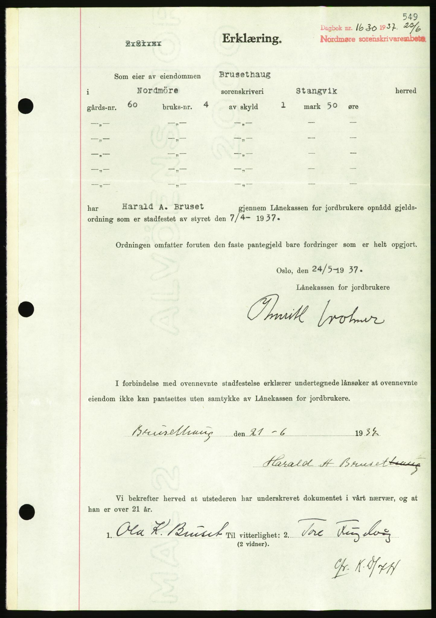 Nordmøre sorenskriveri, AV/SAT-A-4132/1/2/2Ca/L0091: Mortgage book no. B81, 1937-1937, Diary no: : 1630/1937