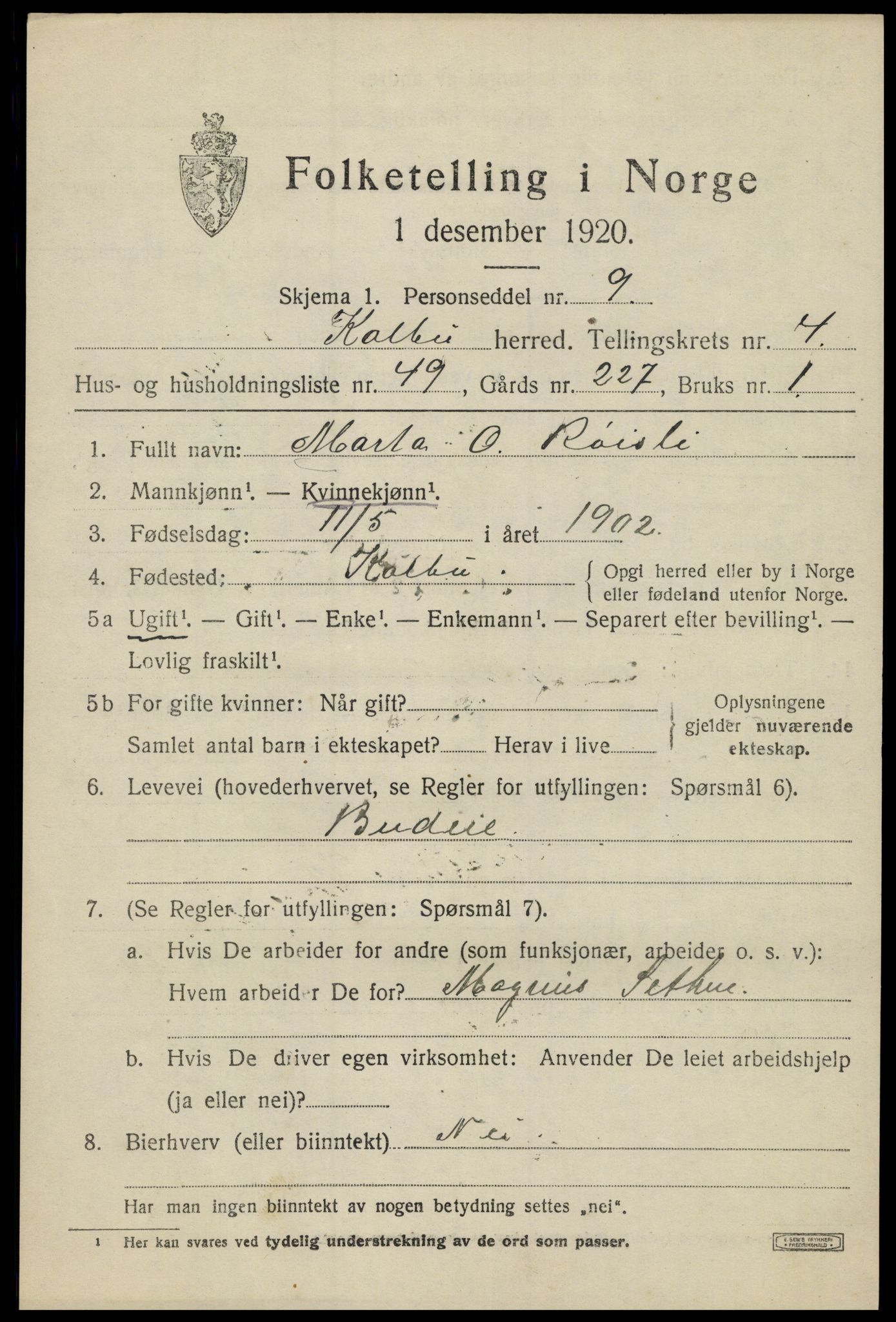 SAH, 1920 census for Kolbu, 1920, p. 3644