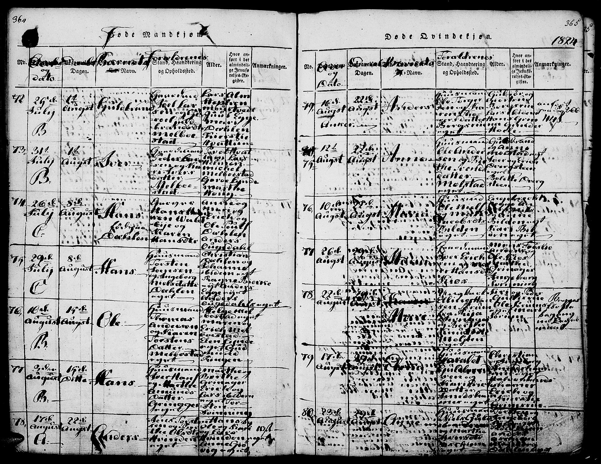 Gran prestekontor, AV/SAH-PREST-112/H/Ha/Haa/L0009: Parish register (official) no. 9, 1815-1824, p. 364-365