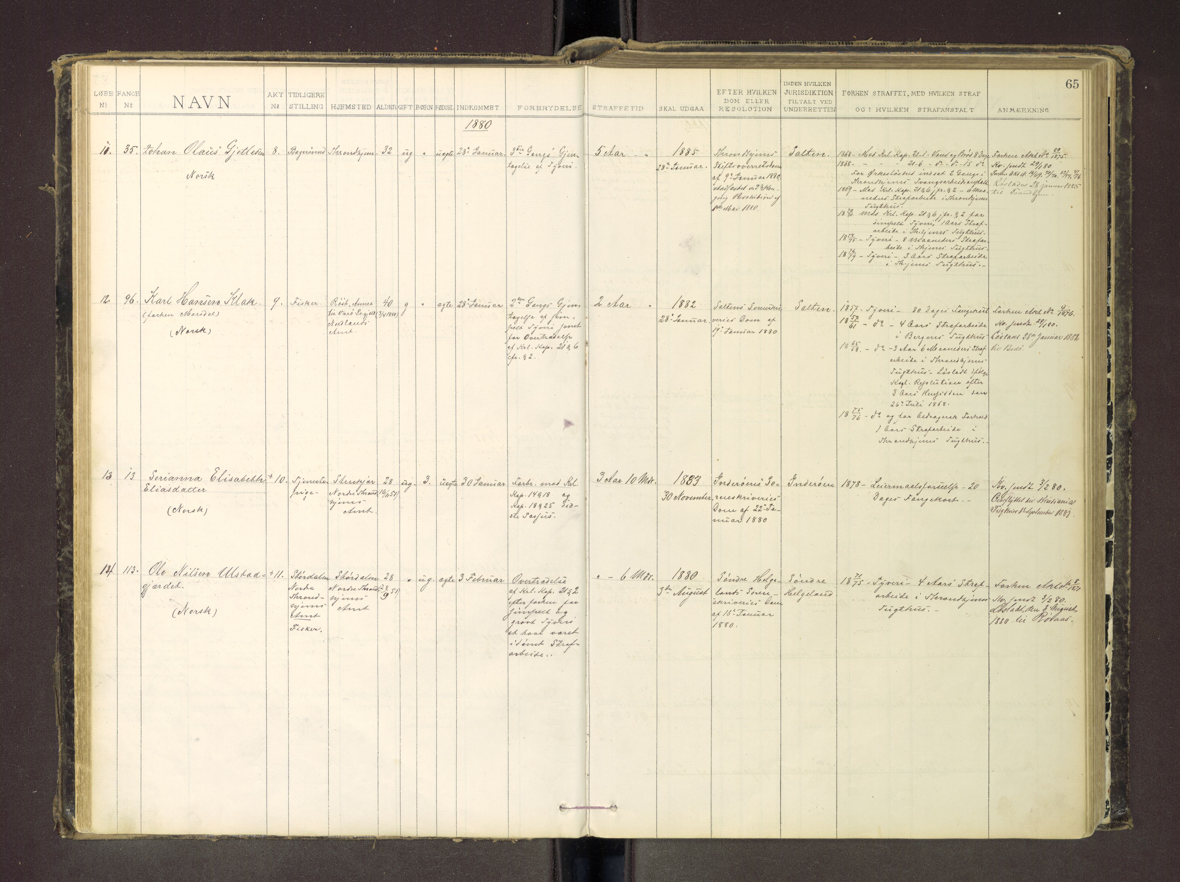 Trondheim tukthus, SAT/A-4619/05/65/L0035: 65.35 Fangeprotokoll m/reg, 1878-1885, p. 65