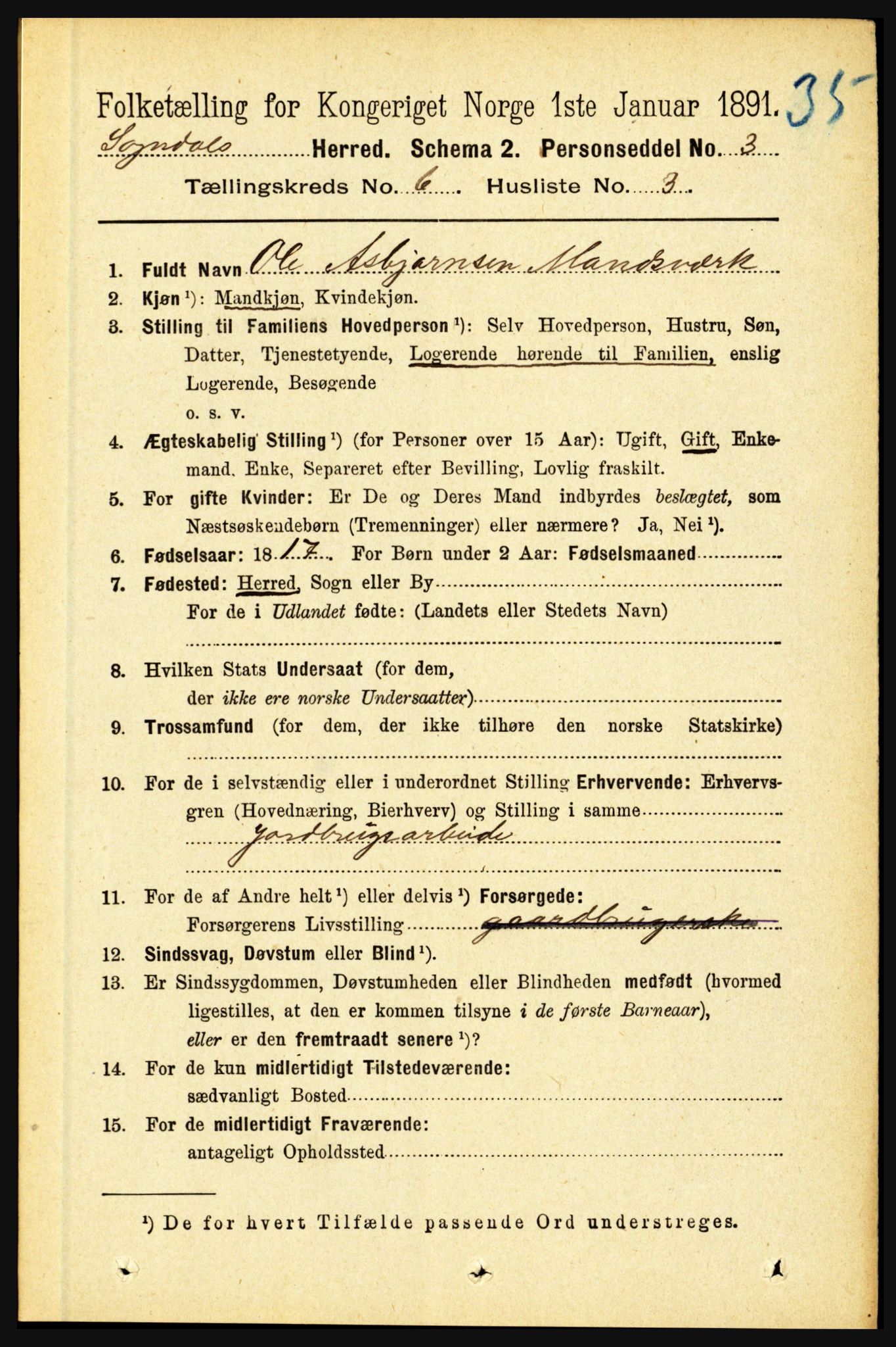 RA, 1891 census for 1420 Sogndal, 1891, p. 2612