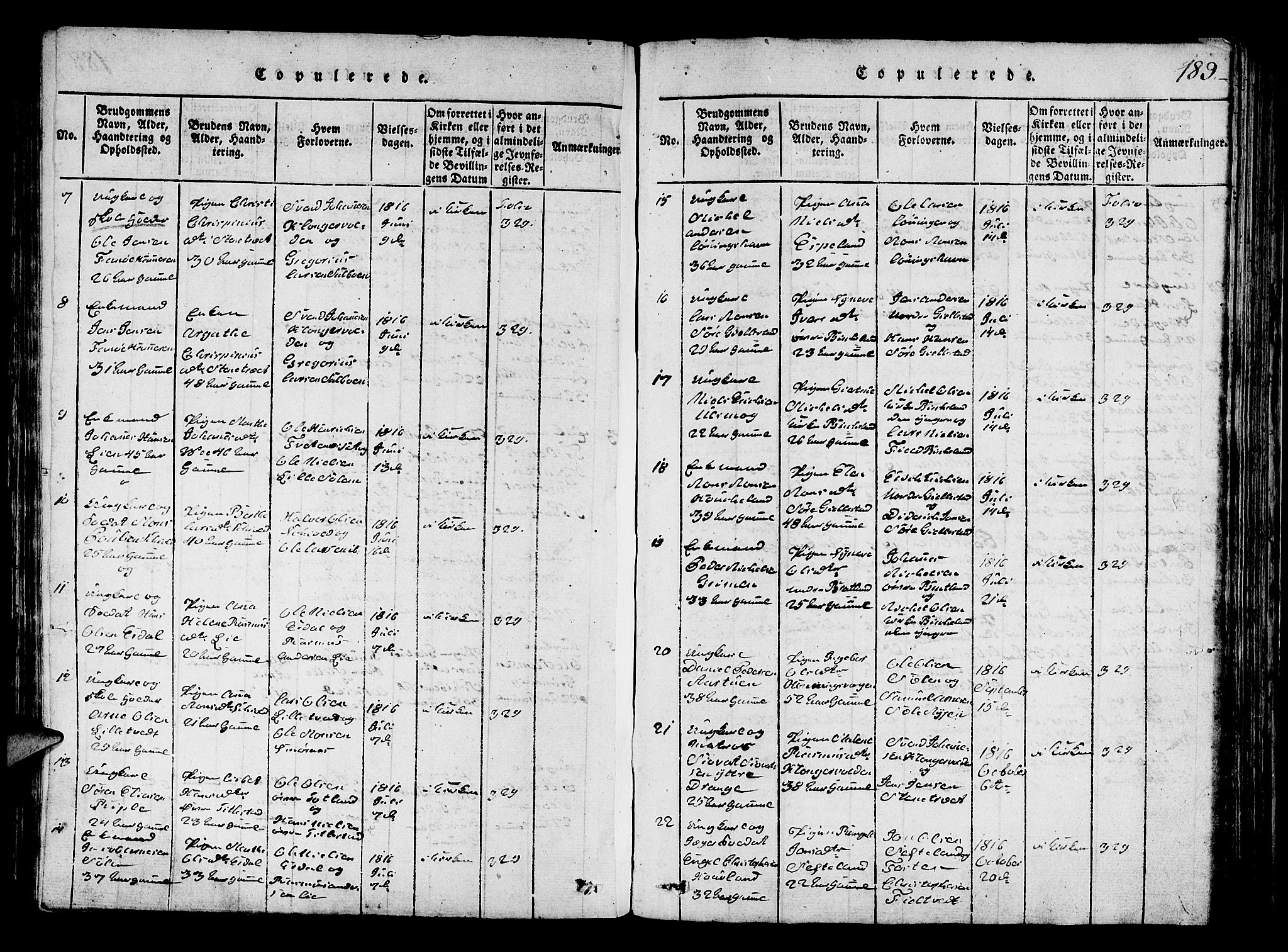 Fana Sokneprestembete, SAB/A-75101/H/Hab/Haba/L0001: Parish register (copy) no. A 1, 1816-1836, p. 189
