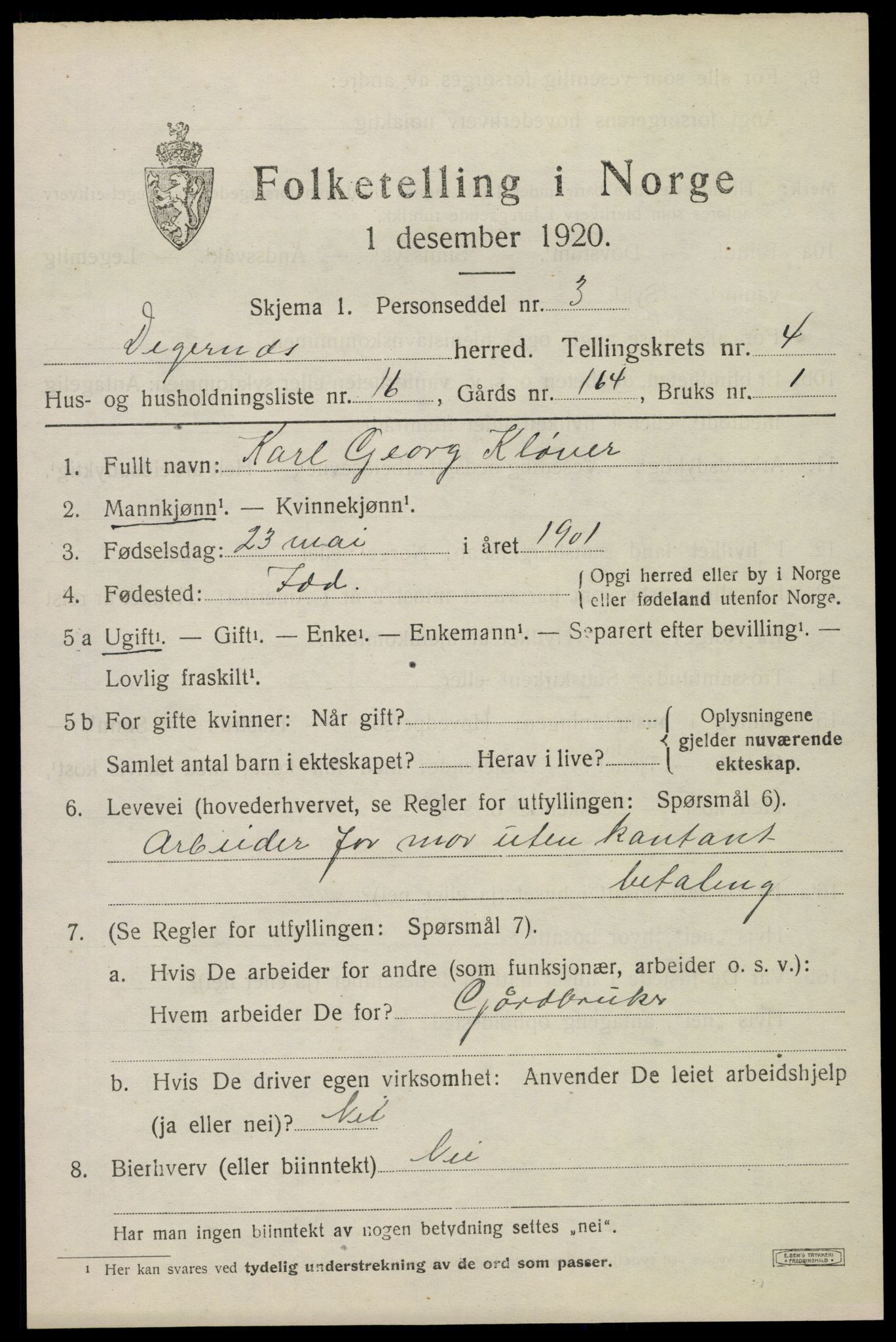 SAO, 1920 census for Degernes, 1920, p. 2480