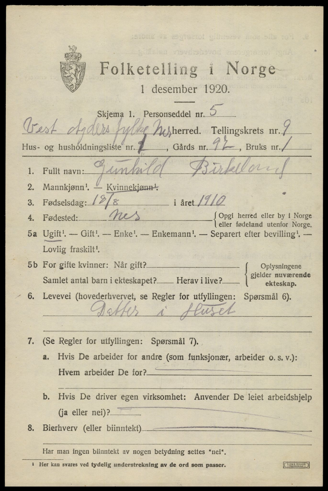 SAK, 1920 census for Nes (V-A), 1920, p. 3770