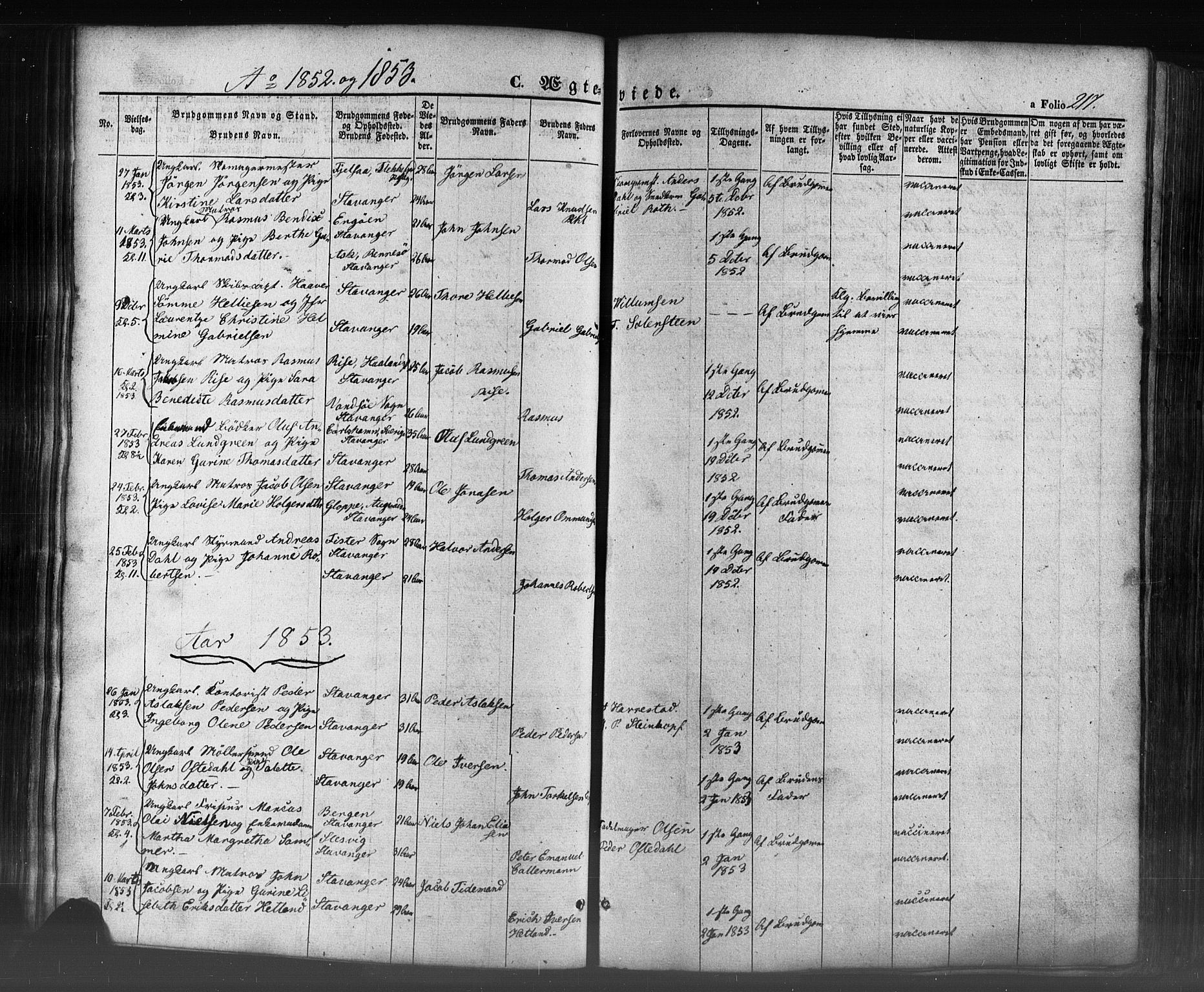 Domkirken sokneprestkontor, SAST/A-101812/001/30/30BB/L0009: Parish register (copy) no. B 9, 1850-1858, p. 217