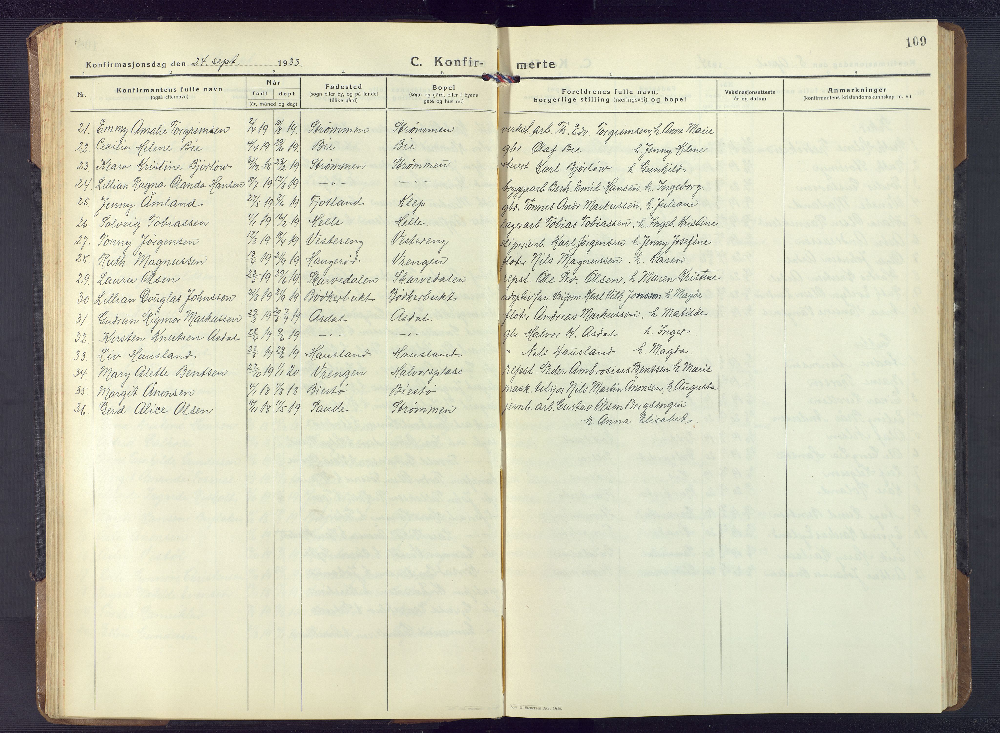 Øyestad sokneprestkontor, AV/SAK-1111-0049/F/Fb/L0013: Parish register (copy) no. B 13, 1933-1945, p. 109