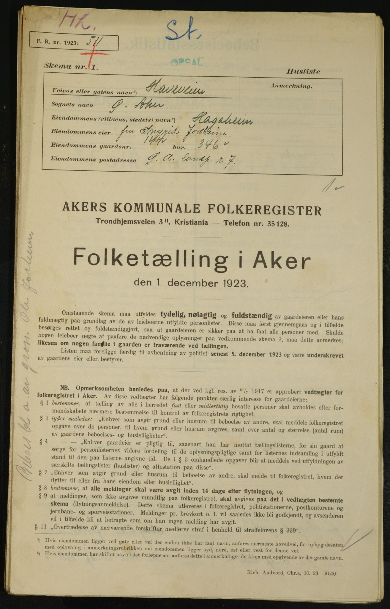 , Municipal Census 1923 for Aker, 1923, p. 25729