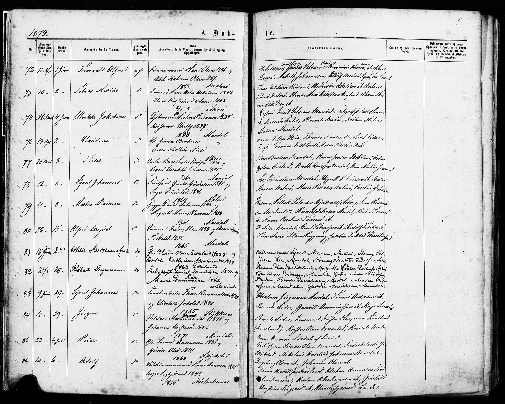 Mandal sokneprestkontor, AV/SAK-1111-0030/F/Fa/Faa/L0015: Parish register (official) no. A 15, 1873-1879, p. 9