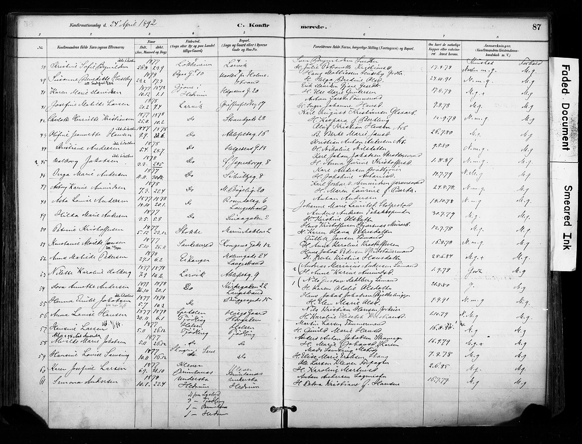 Larvik kirkebøker, AV/SAKO-A-352/F/Fa/L0008: Parish register (official) no. I 8, 1884-1902, p. 87