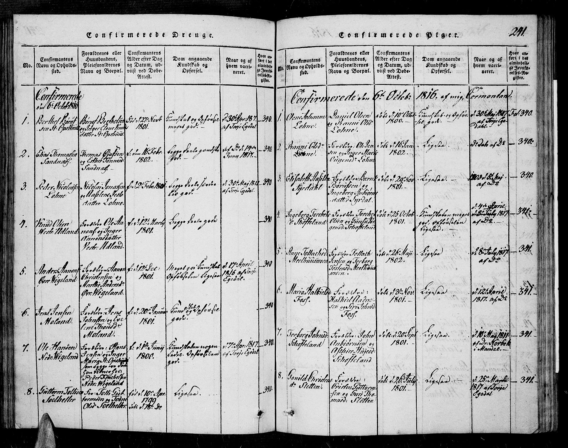 Sør-Audnedal sokneprestkontor, SAK/1111-0039/F/Fa/Fab/L0005: Parish register (official) no. A 5, 1816-1830, p. 241