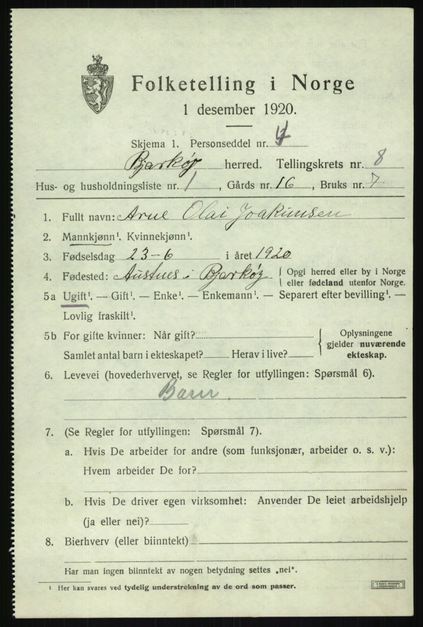 SATØ, 1920 census for Bjarkøy, 1920, p. 3457