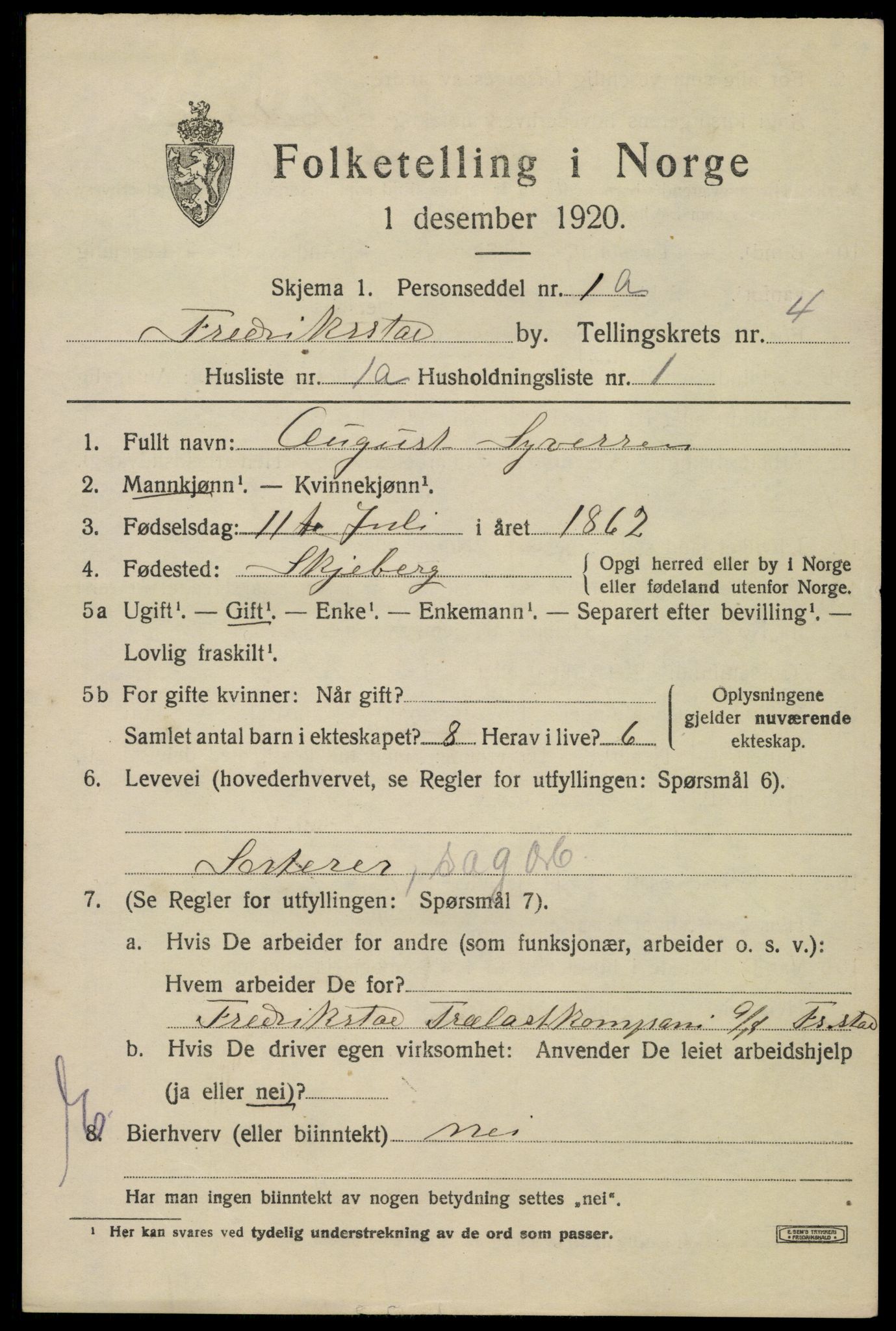 SAO, 1920 census for Fredrikstad, 1920, p. 16885