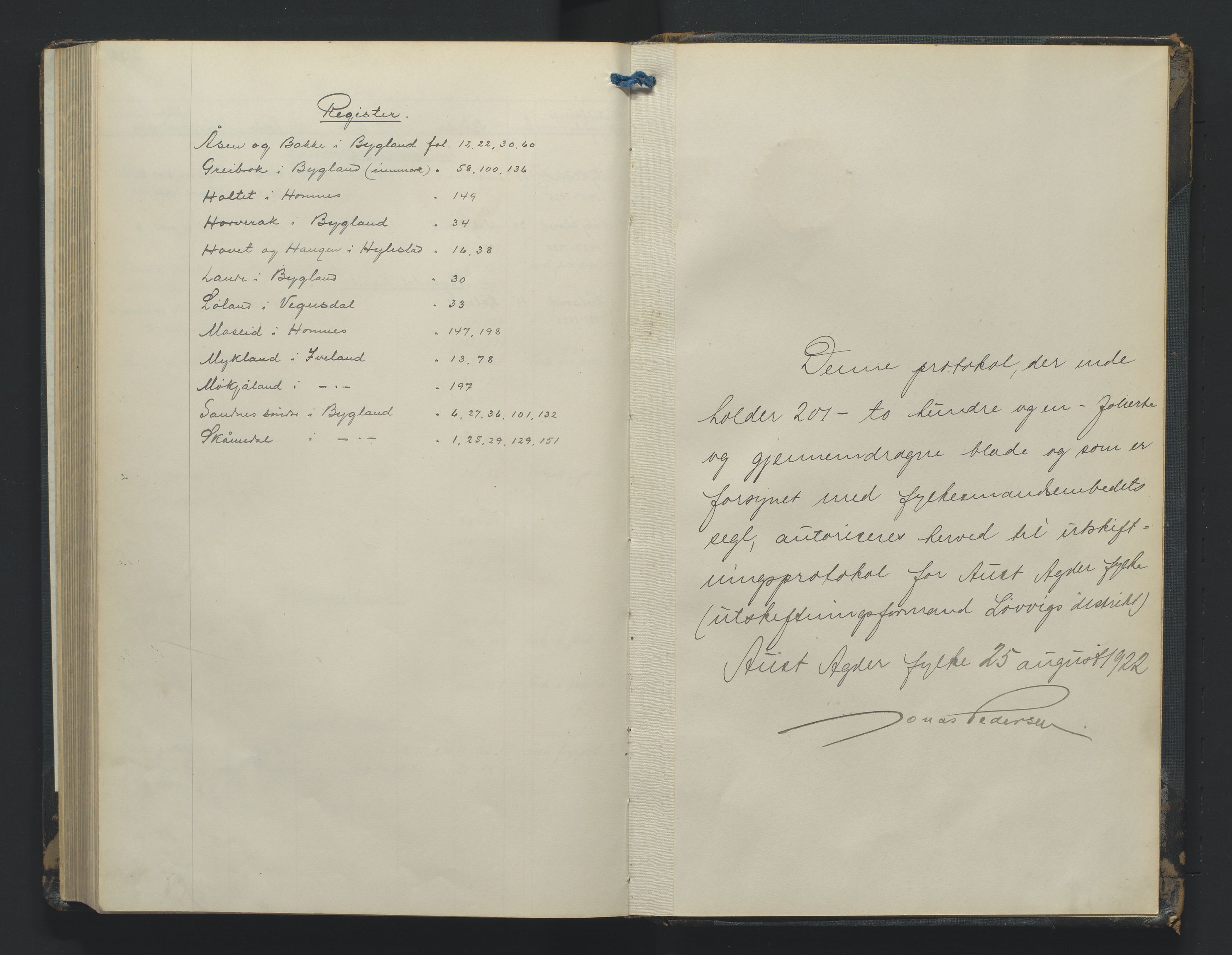 Utskiftningsformannen i Nedenes amt, AV/SAK-1541-0002/F/Fa/Fac/L0003: Jordskifteprotokoll med register, Setesdal domssokn nr 3, 1922-1927