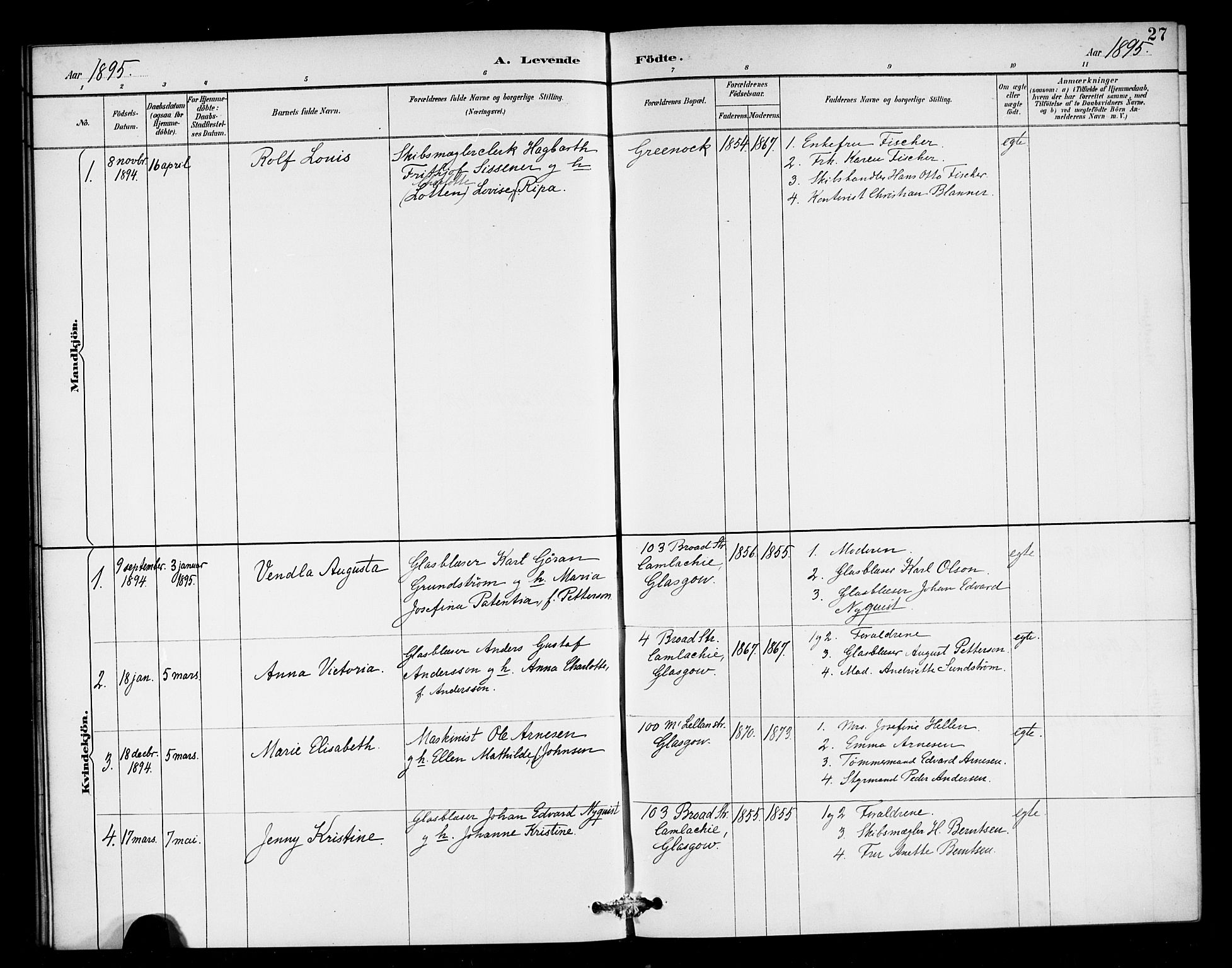 Den norske sjømannsmisjon i utlandet/Skotske havner (Leith, Glasgow), SAB/SAB/PA-0100/H/Ha/Haa/L0003: Parish register (official) no. A 3, 1887-1898, p. 27