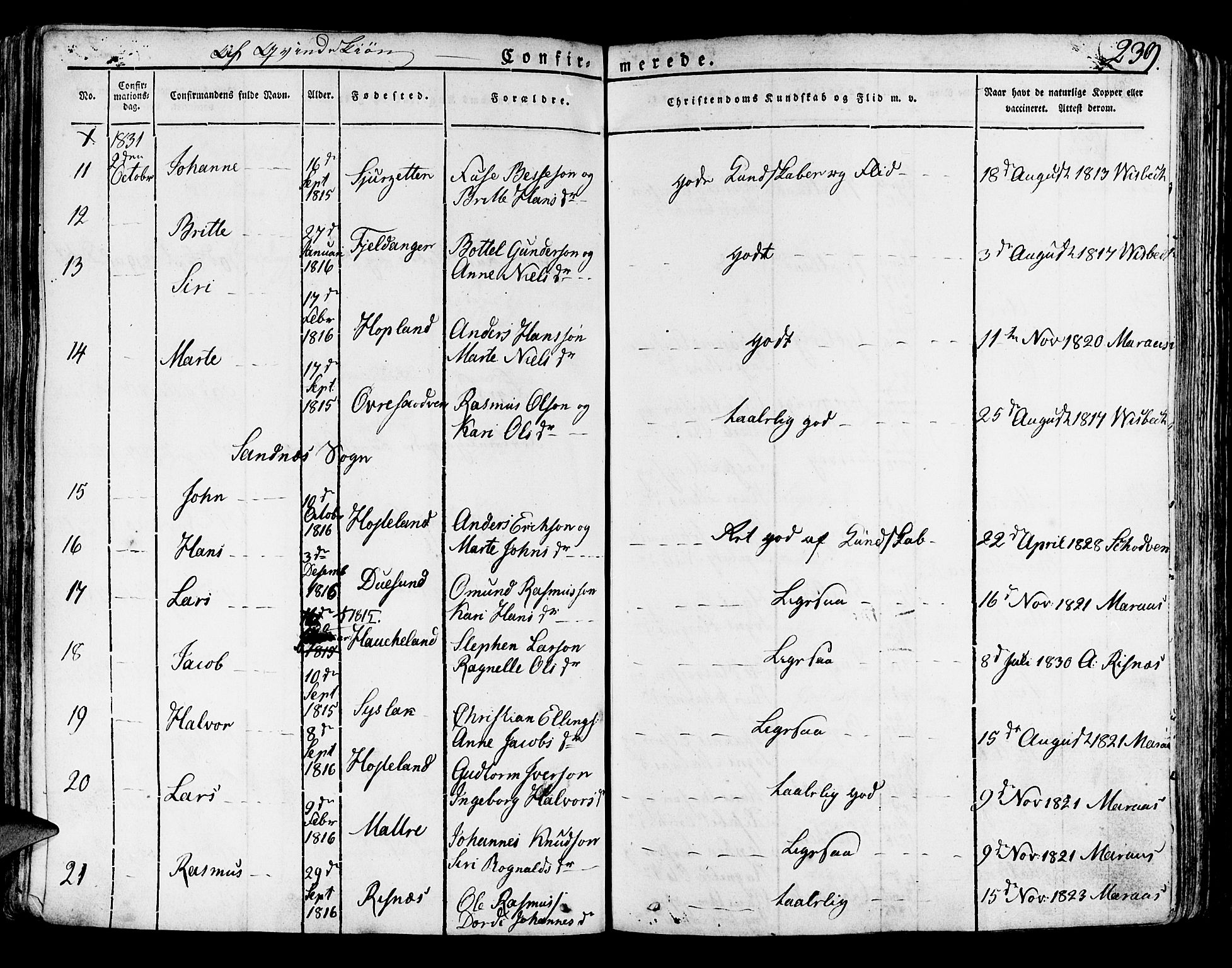 Lindås Sokneprestembete, SAB/A-76701/H/Haa: Parish register (official) no. A 8, 1823-1836, p. 239