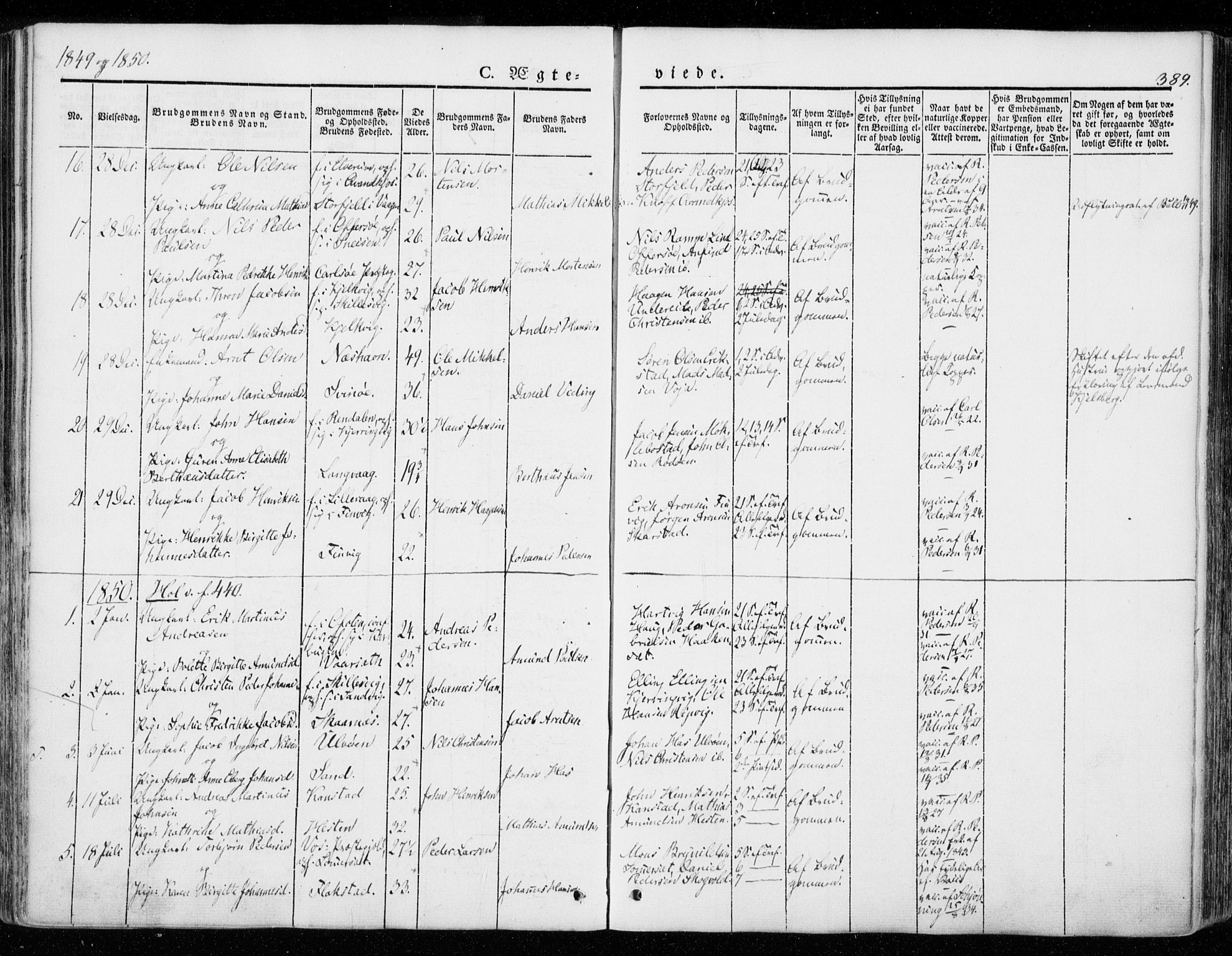 Ministerialprotokoller, klokkerbøker og fødselsregistre - Nordland, SAT/A-1459/872/L1033: Parish register (official) no. 872A08, 1840-1863, p. 389