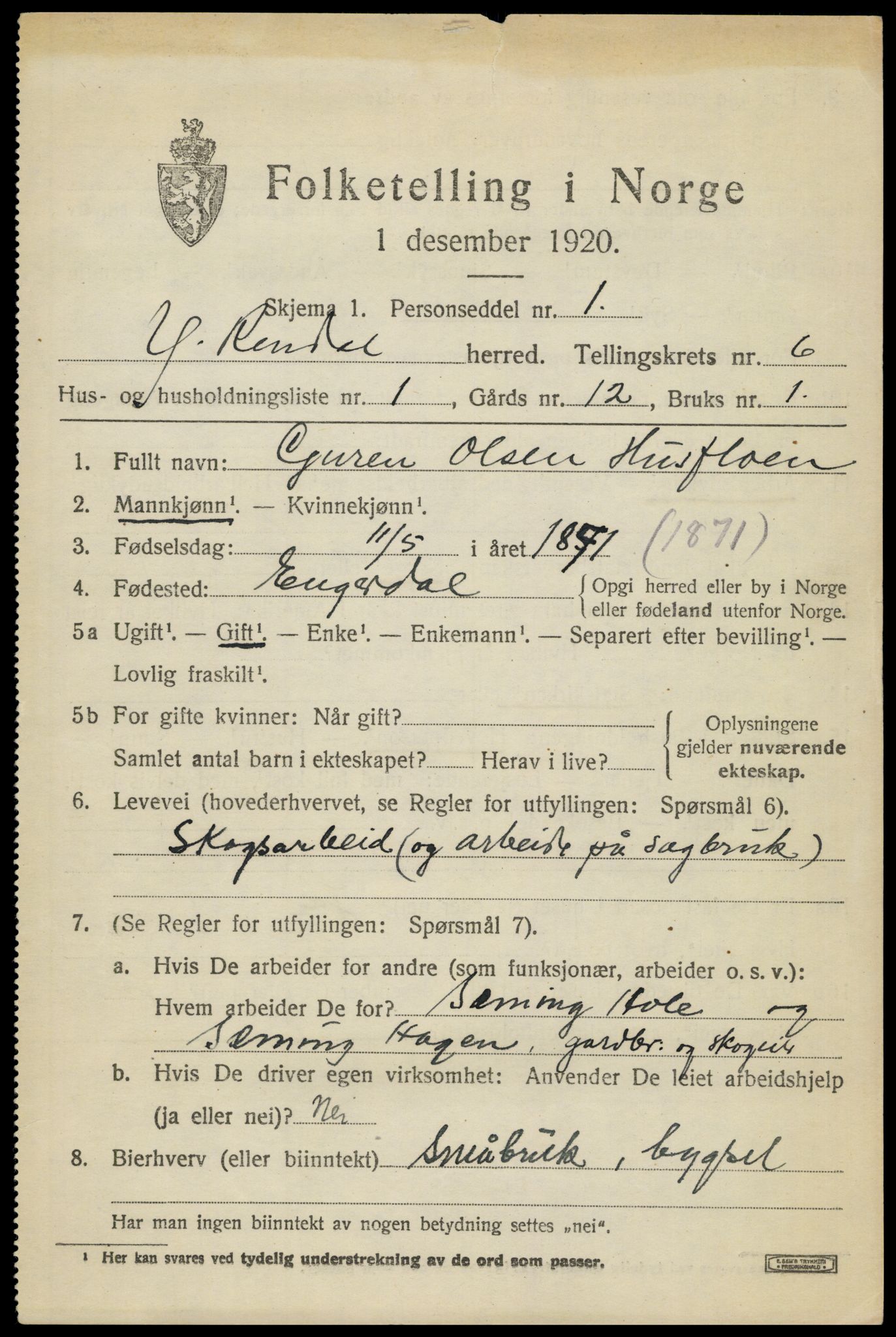 SAH, 1920 census for Ytre Rendal, 1920, p. 3317