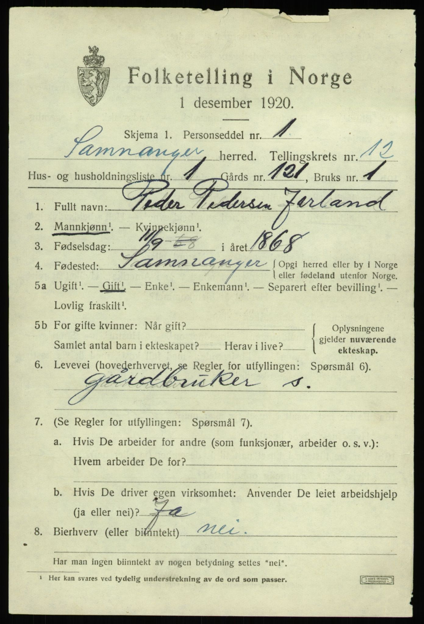 SAB, 1920 census for Samnanger, 1920, p. 4523