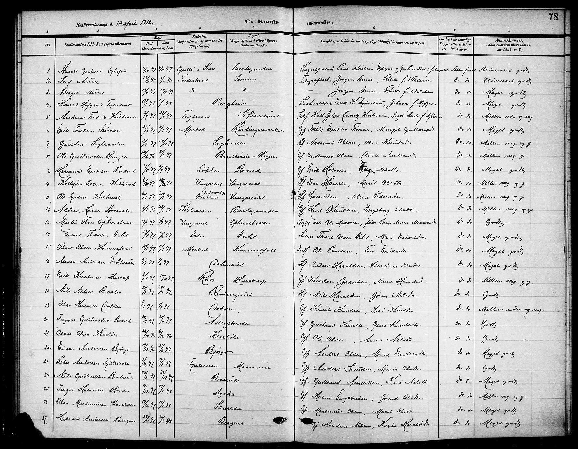 Nord-Aurdal prestekontor, SAH/PREST-132/H/Ha/Hab/L0012: Parish register (copy) no. 12, 1907-1920, p. 78