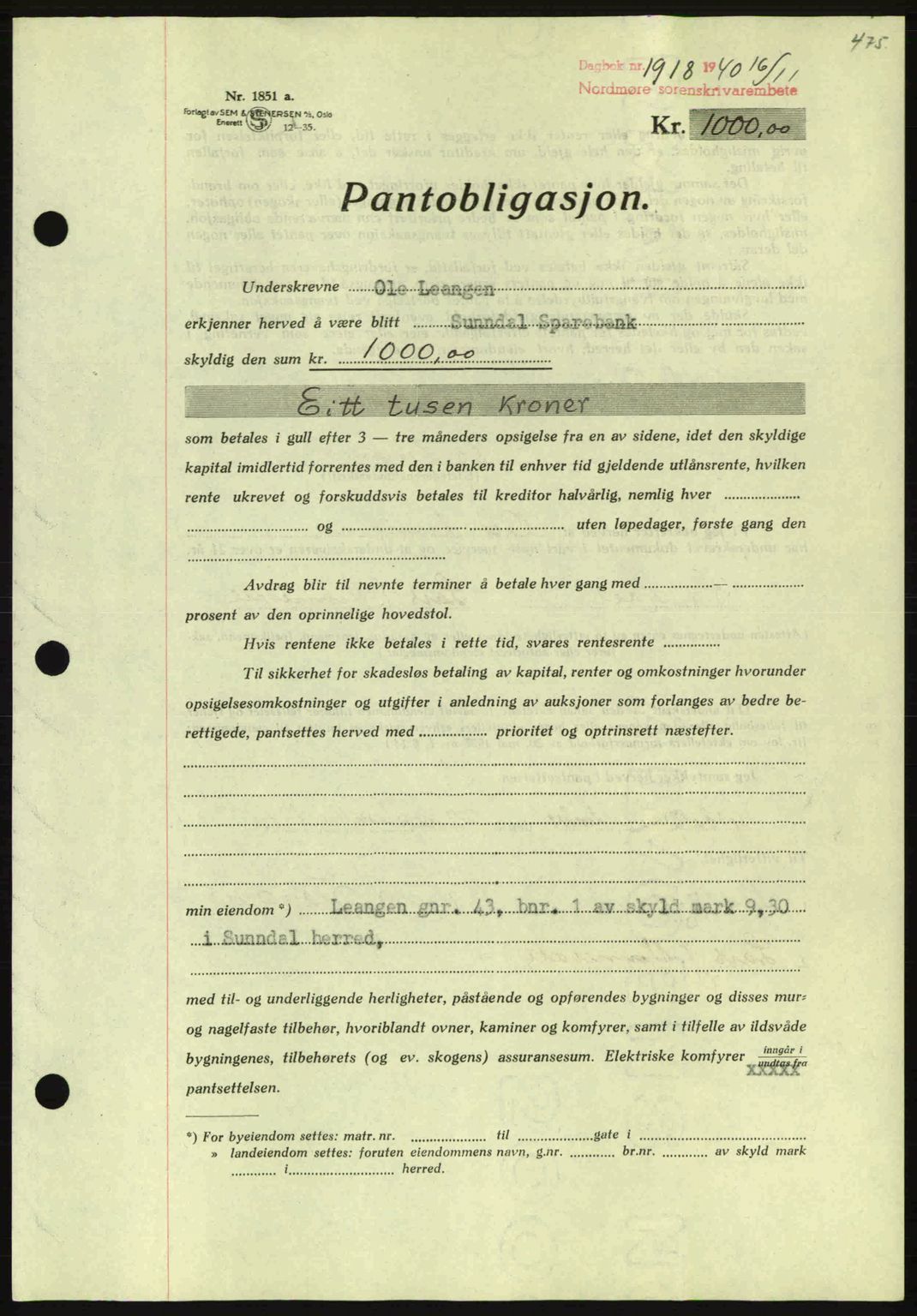 Nordmøre sorenskriveri, AV/SAT-A-4132/1/2/2Ca: Mortgage book no. B87, 1940-1941, Diary no: : 1918/1940