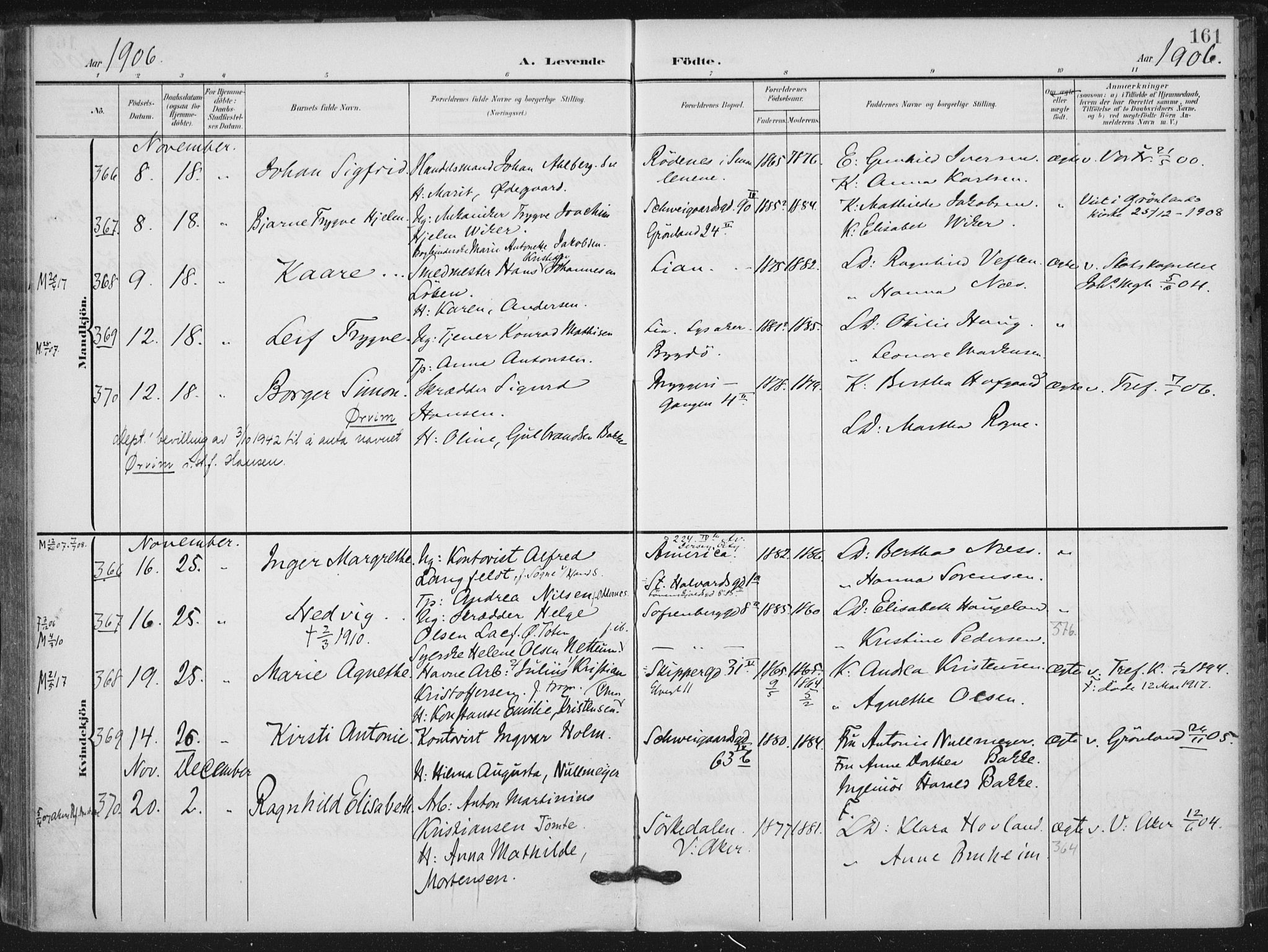 Rikshospitalet prestekontor Kirkebøker, AV/SAO-A-10309b/F/L0013: Parish register (official) no. 13, 1905-1908, p. 161