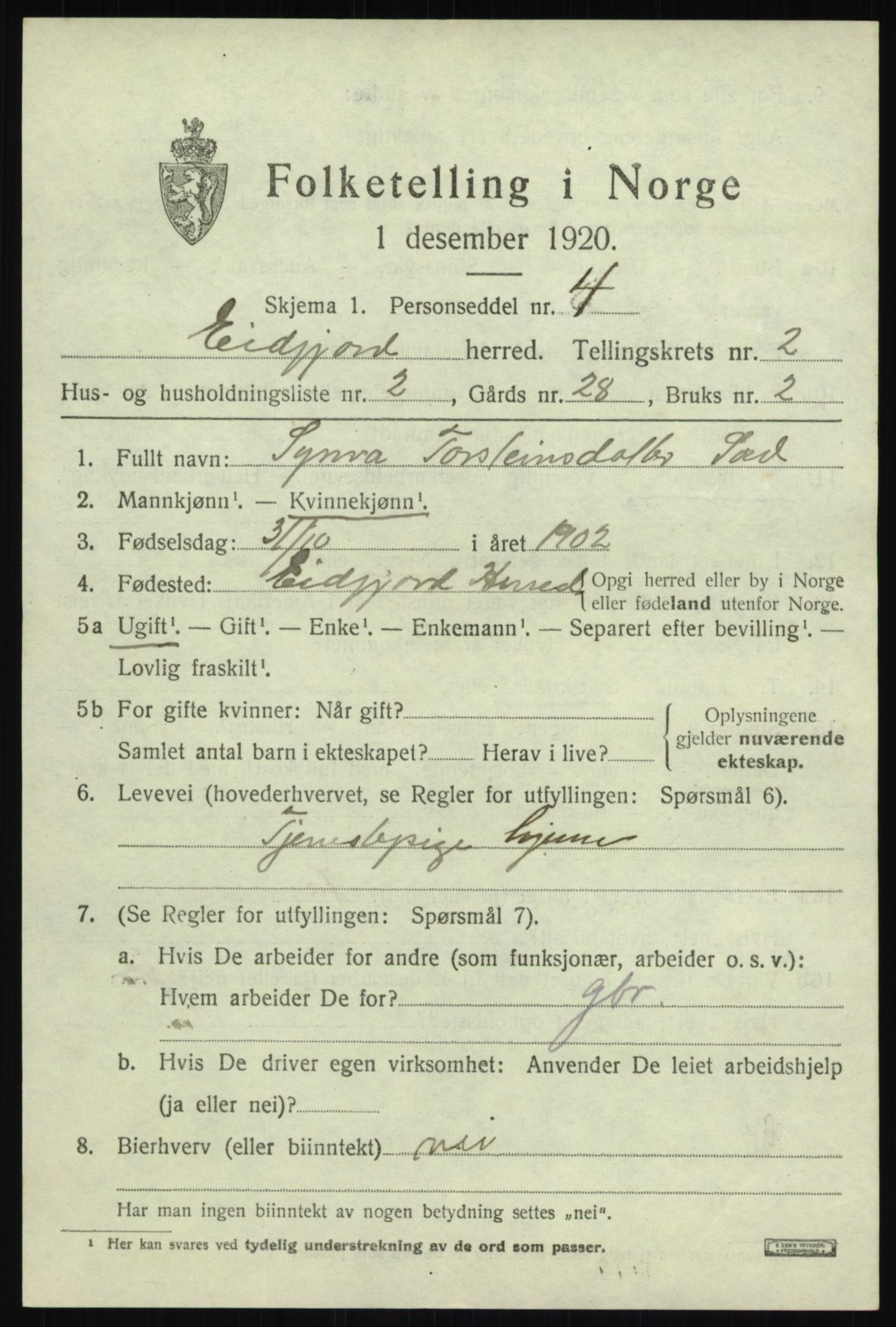 SAB, 1920 census for Eidfjord, 1920, p. 750