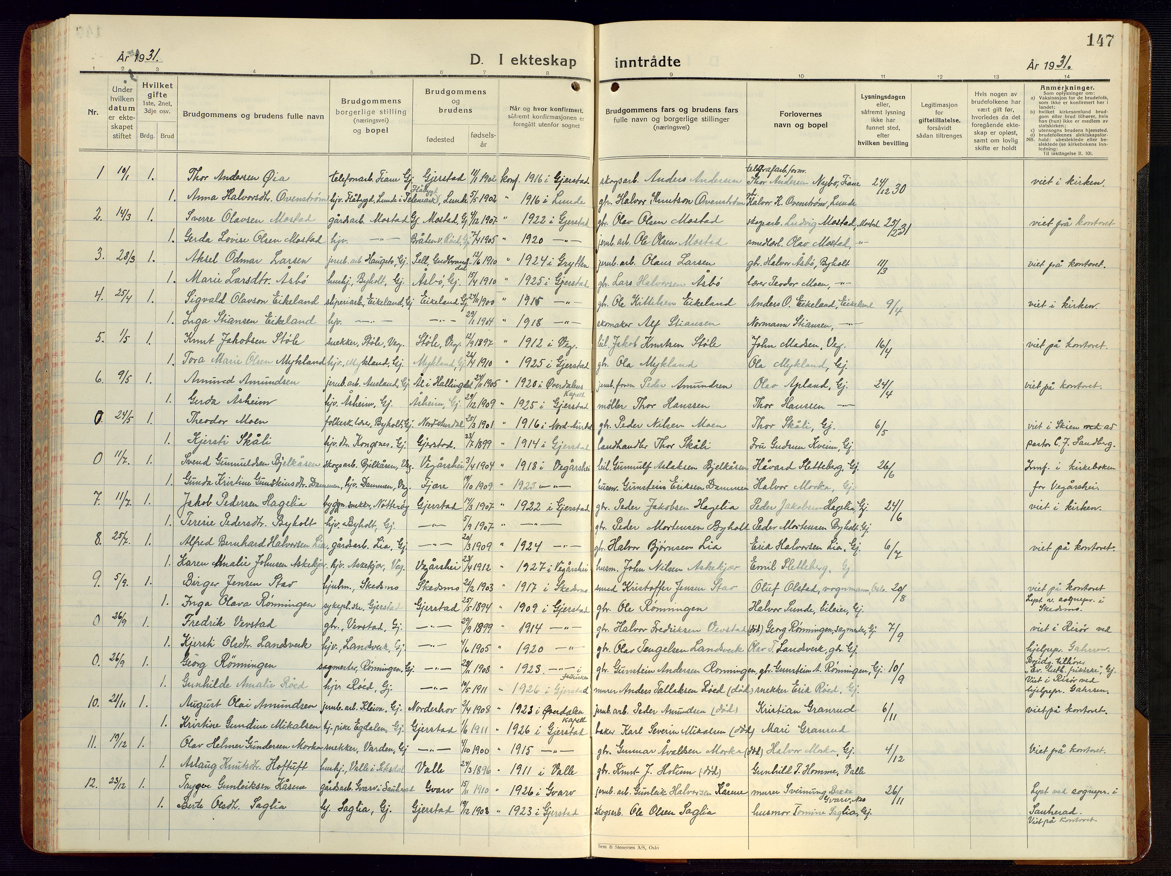 Gjerstad sokneprestkontor, SAK/1111-0014/F/Fb/Fba/L0009: Parish register (copy) no. B 9, 1925-1946, p. 147