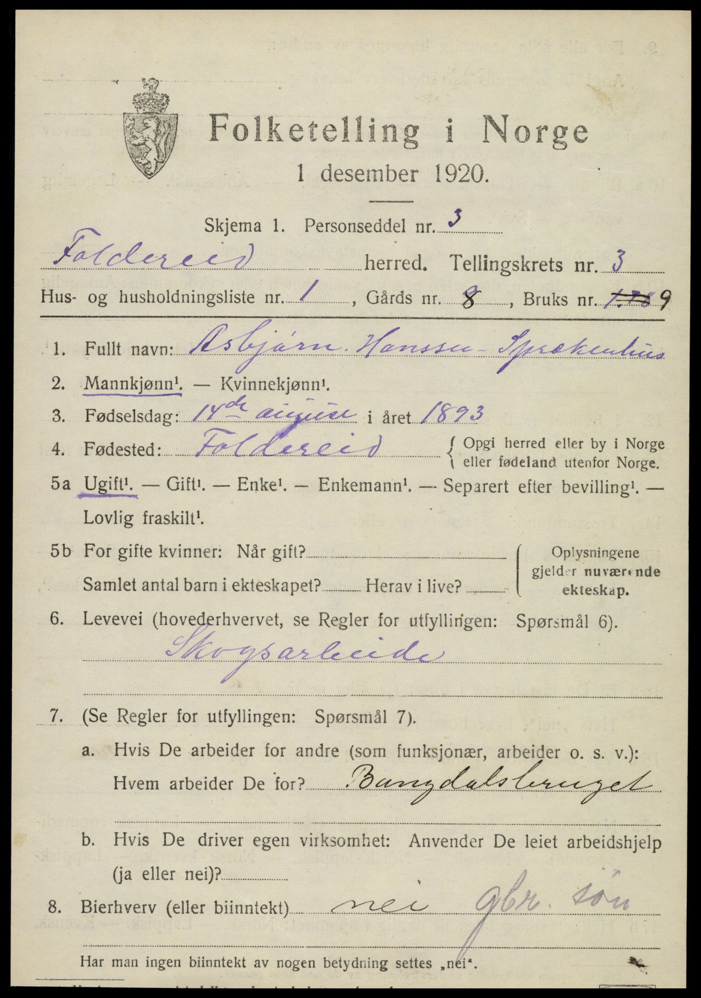 SAT, 1920 census for Foldereid, 1920, p. 1178