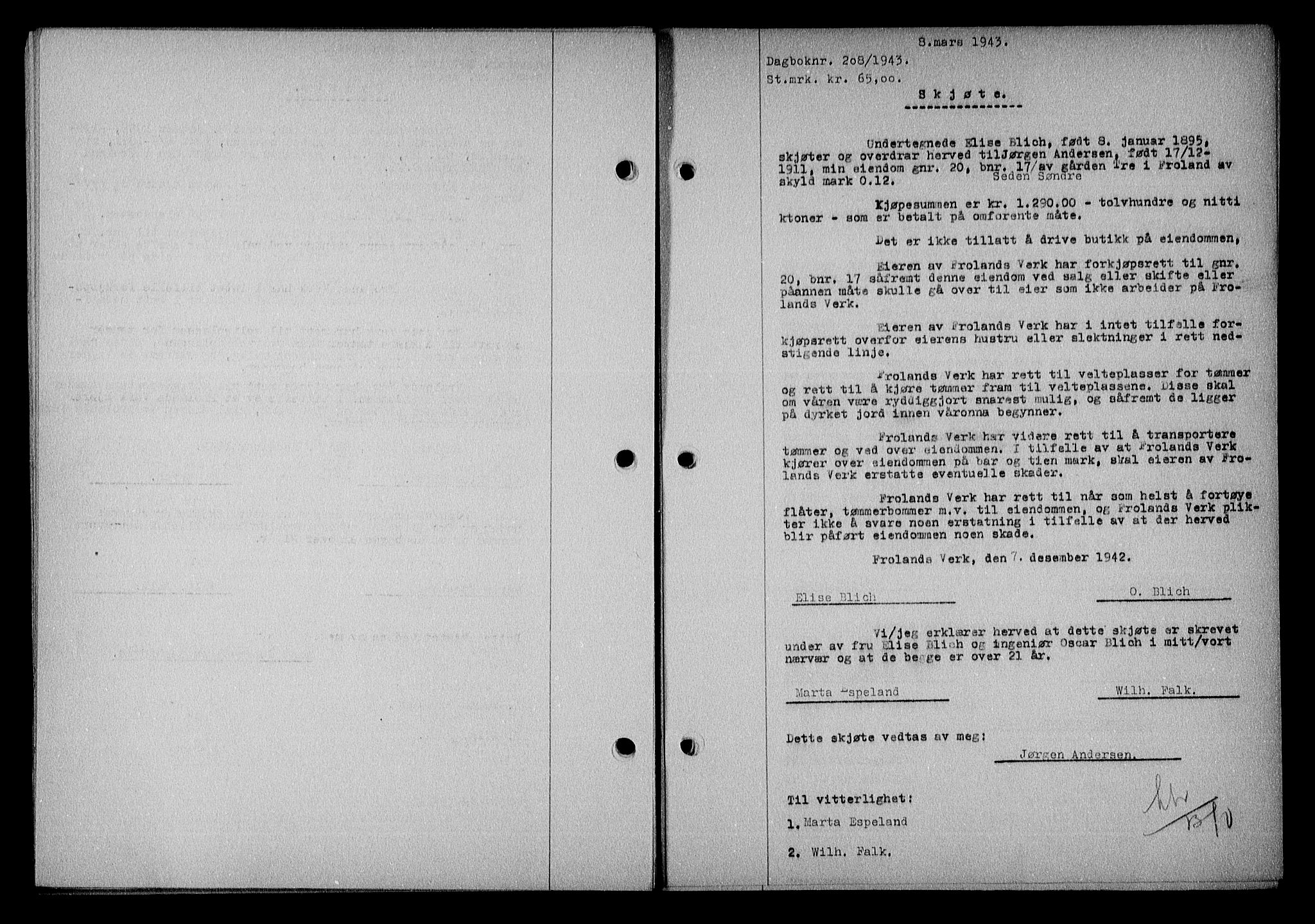 Nedenes sorenskriveri, SAK/1221-0006/G/Gb/Gba/L0050: Mortgage book no. A-IV, 1942-1943, Diary no: : 208/1943
