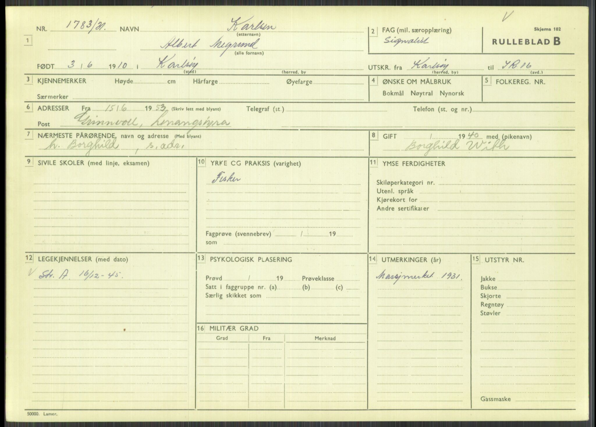 Forsvaret, Troms infanteriregiment nr. 16, AV/RA-RAFA-3146/P/Pa/L0015: Rulleblad for regimentets menige mannskaper, årsklasse 1931, 1931, p. 575