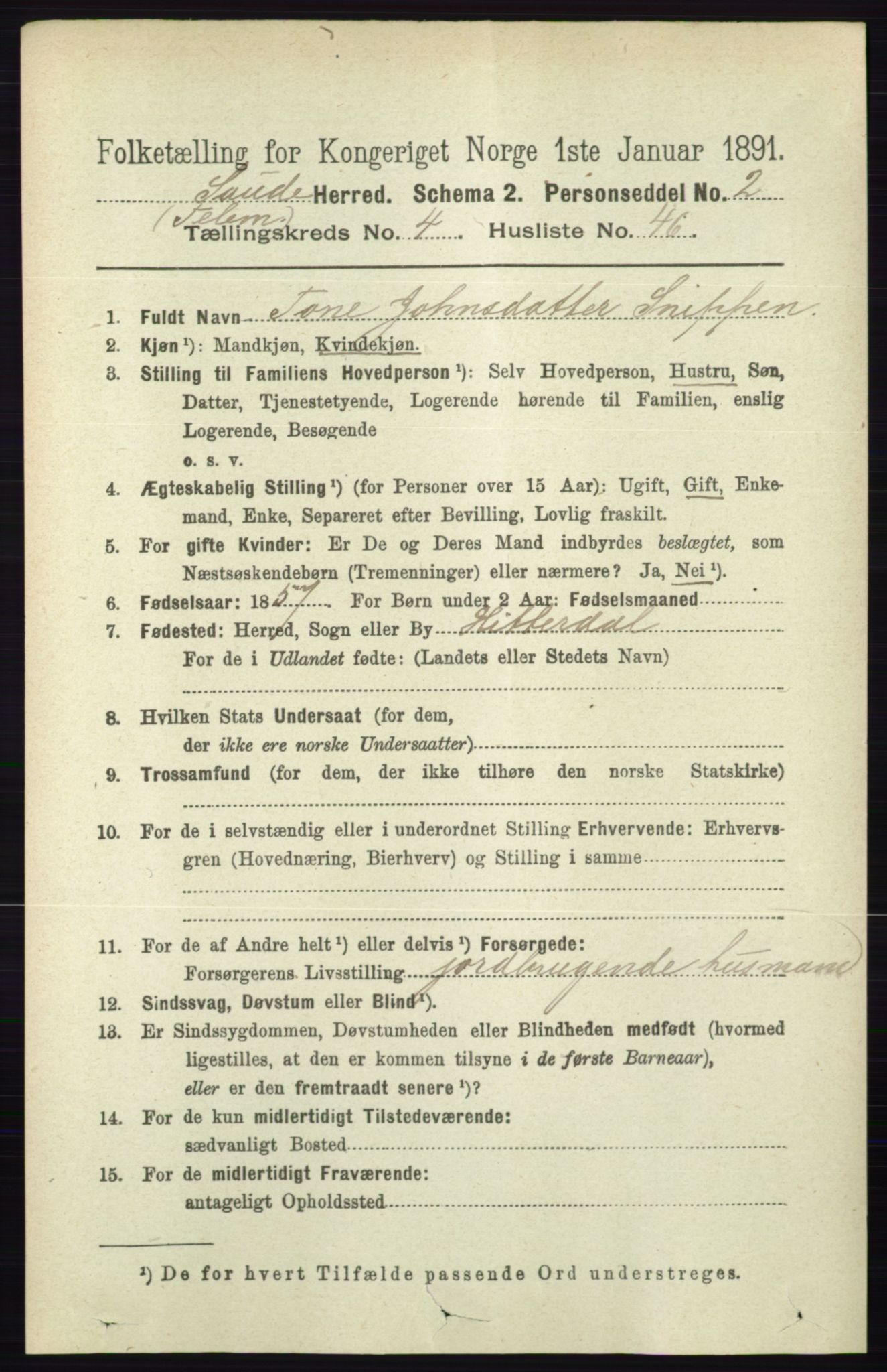 RA, 1891 census for 0822 Sauherad, 1891, p. 1369