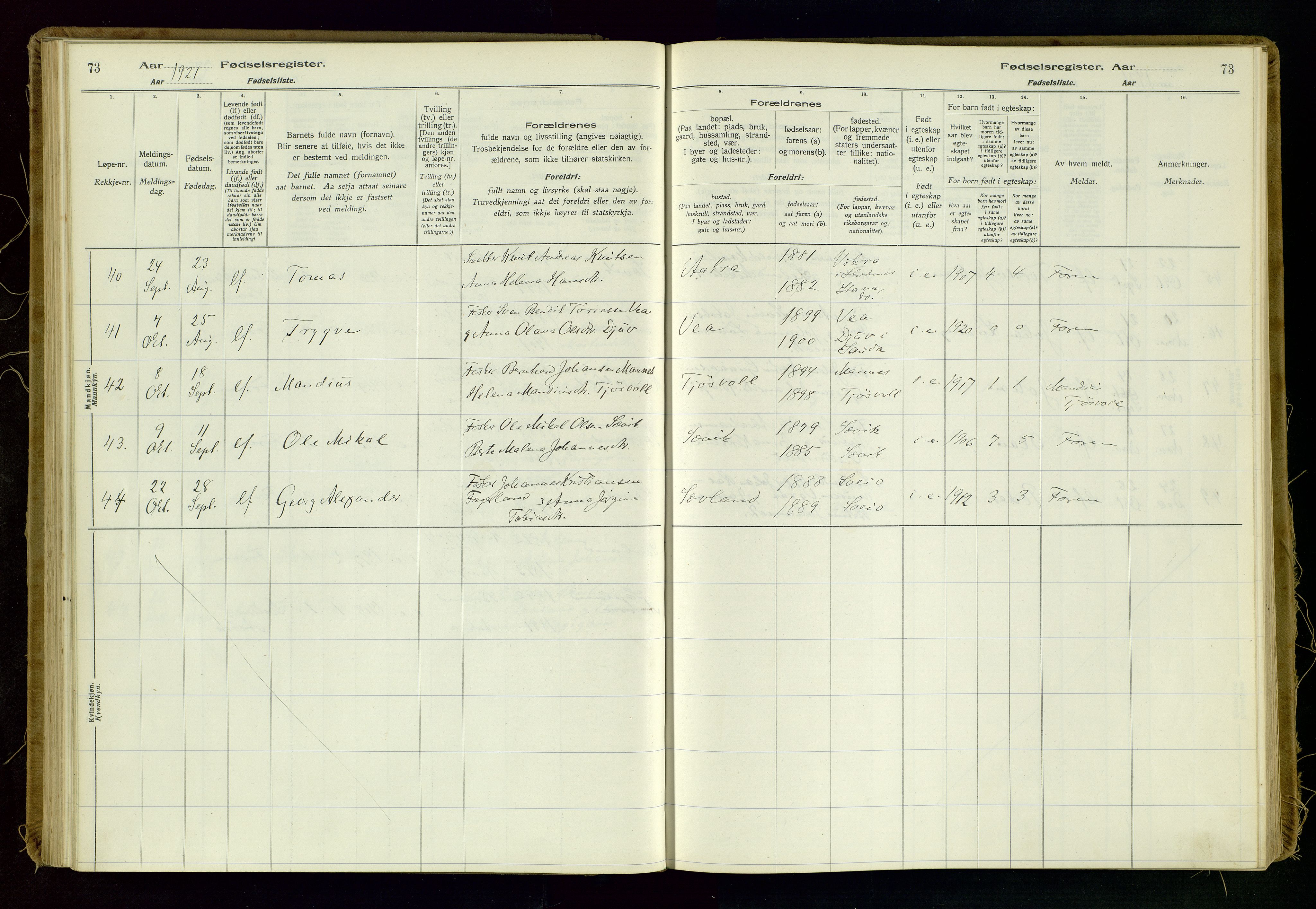 Kopervik sokneprestkontor, AV/SAST-A-101850/I/Id/L0006: Birth register no. 6, 1916-1934, p. 73