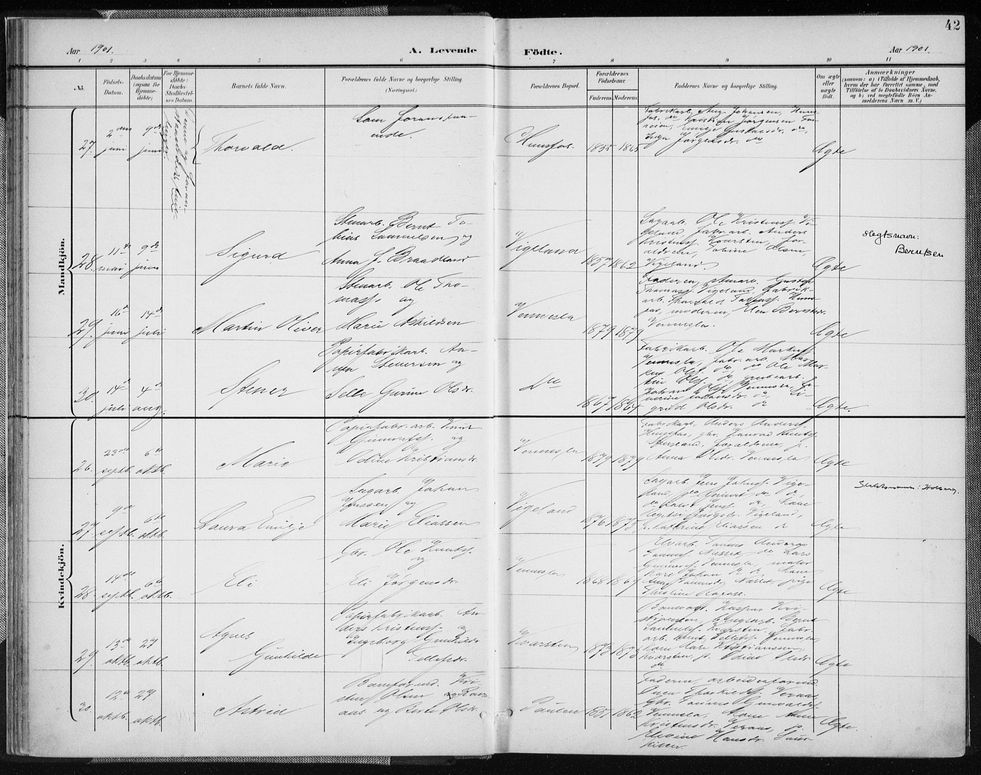 Vennesla sokneprestkontor, AV/SAK-1111-0045/Fa/Fab/L0005: Parish register (official) no. A 5, 1897-1909, p. 42