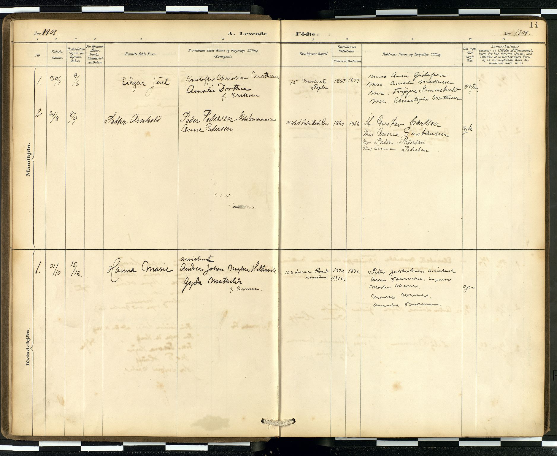  Den norske sjømannsmisjon i utlandet/London m/bistasjoner, SAB/SAB/PA-0103/H/Ha/L0002: Parish register (official) no. A 2, 1887-1903, p. 13b-14a