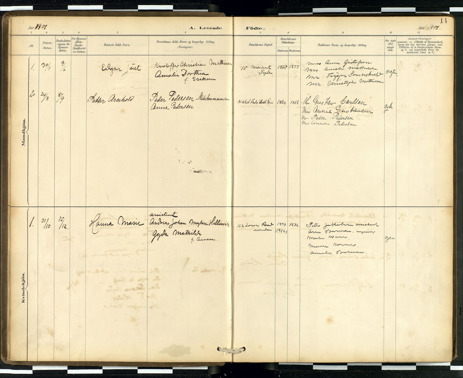 Den norske sjømannsmisjon i utlandet/London m/bistasjoner, AV/SAB-SAB/PA-0103/H/Ha/L0002: Parish register (official) no. A 2, 1887-1903, p. 13b-14a