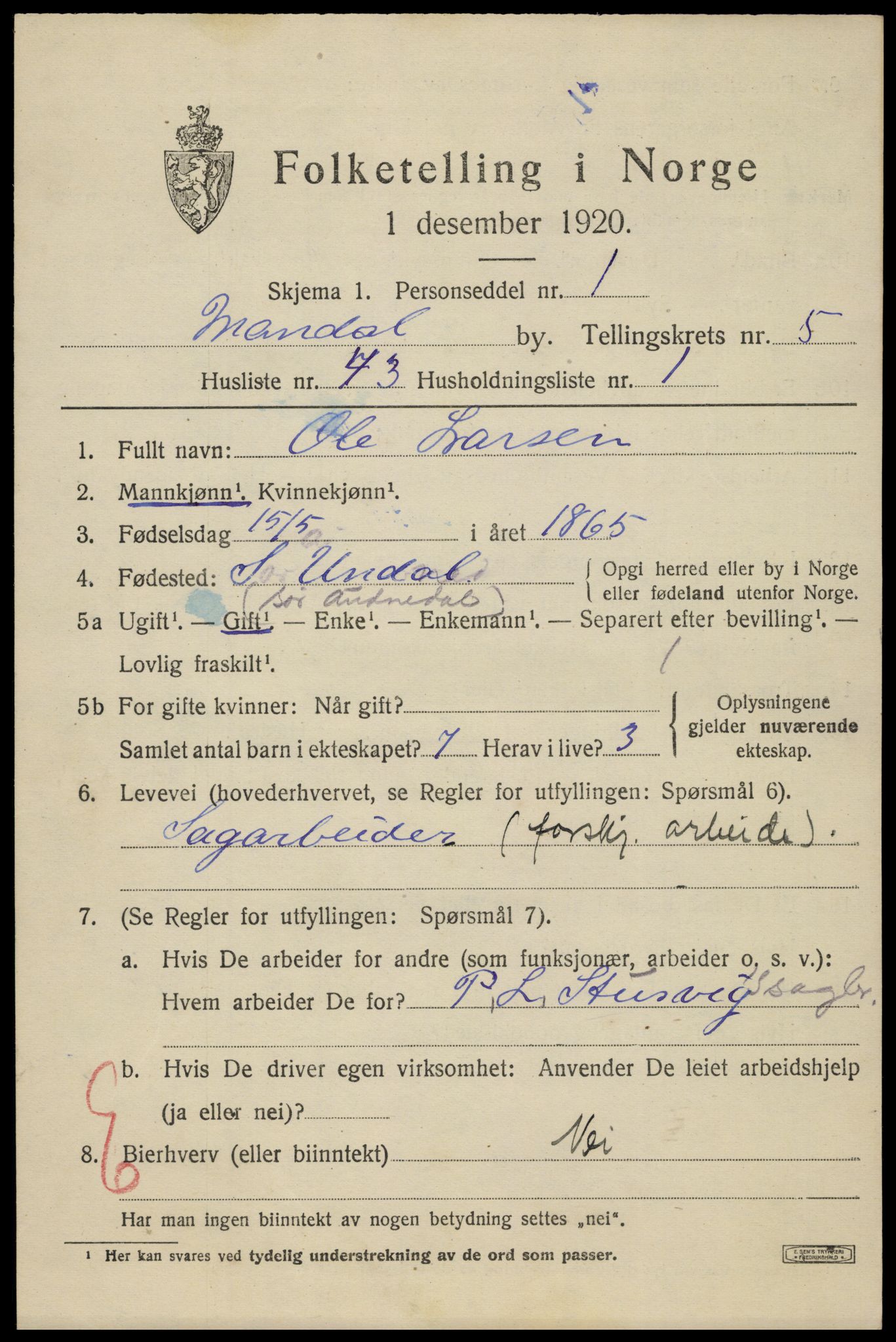 SAK, 1920 census for Mandal, 1920, p. 8573