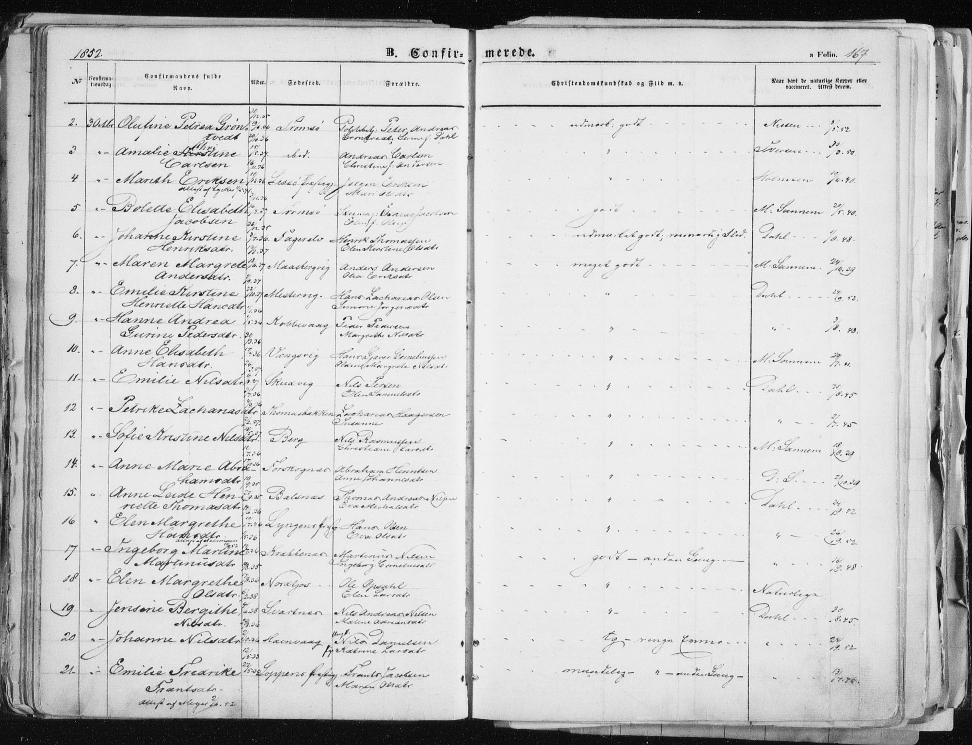 Tromsø sokneprestkontor/stiftsprosti/domprosti, SATØ/S-1343/G/Ga/L0010kirke: Parish register (official) no. 10, 1848-1855, p. 167