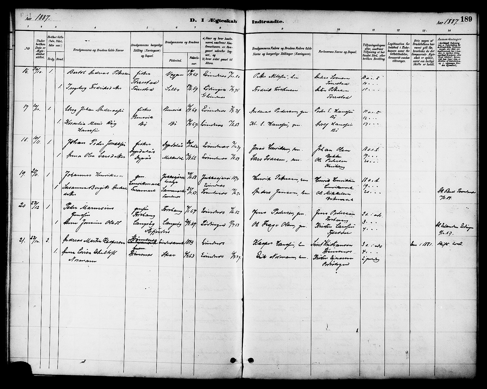 Ministerialprotokoller, klokkerbøker og fødselsregistre - Nordland, AV/SAT-A-1459/863/L0898: Parish register (official) no. 863A10, 1886-1897, p. 189