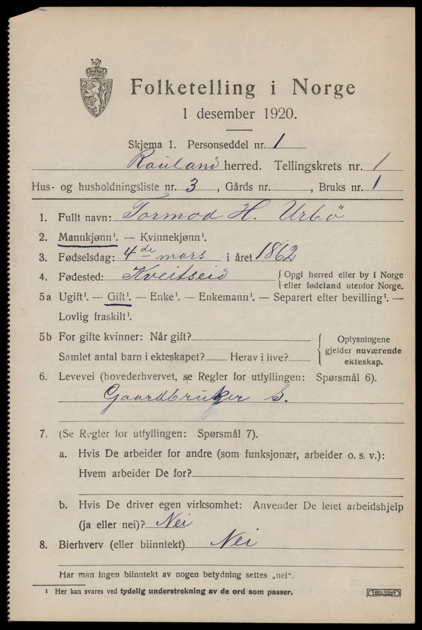 SAKO, 1920 census for Rauland, 1920, p. 468