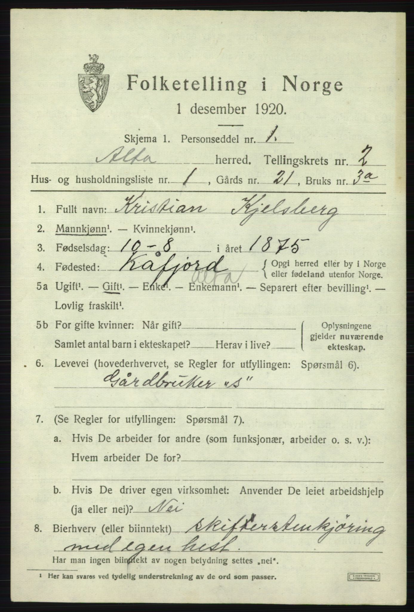 SATØ, 1920 census for Alta, 1920, p. 1987