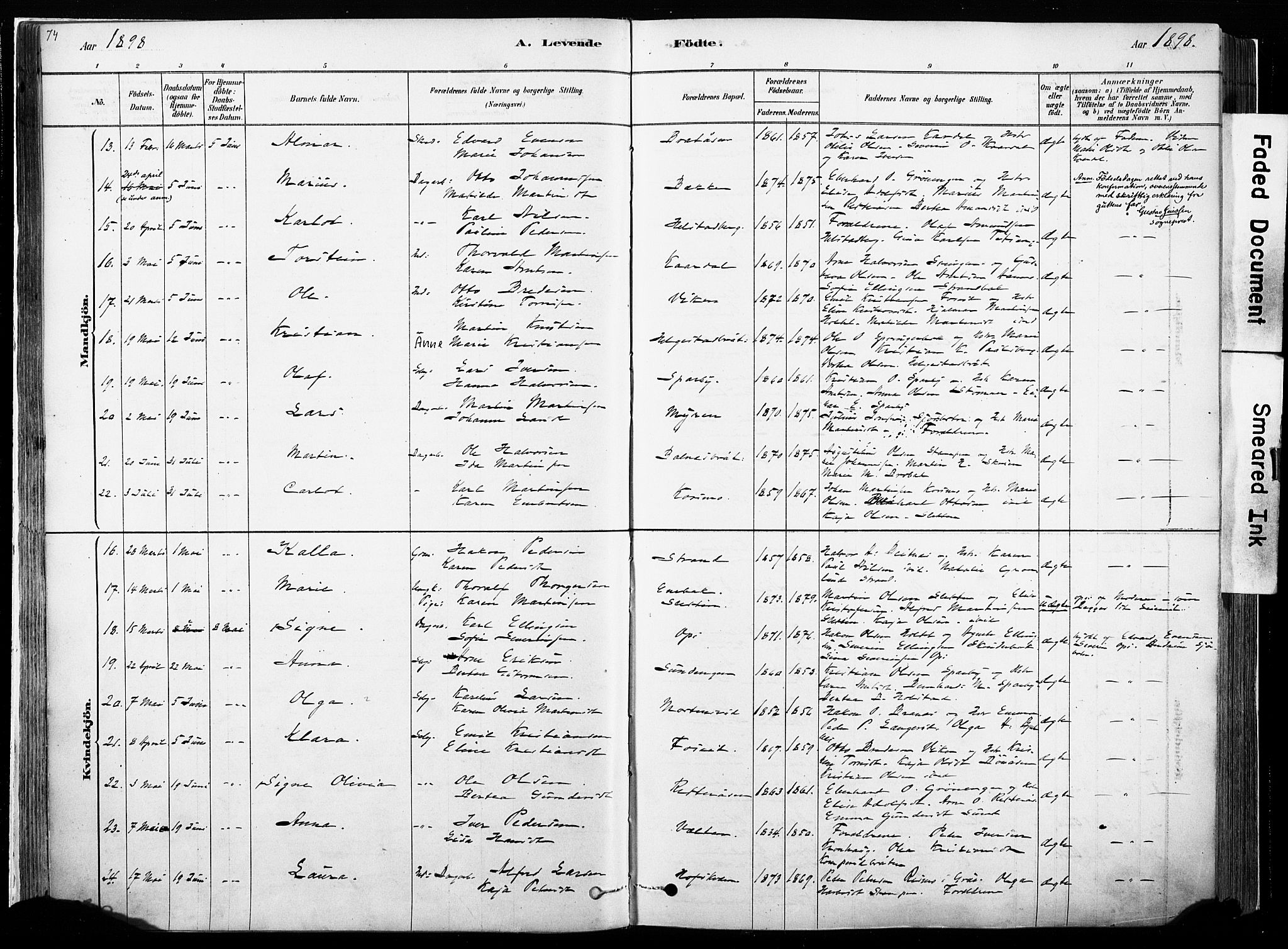 Hof prestekontor, SAH/PREST-038/H/Ha/Haa/L0010: Parish register (official) no. 10, 1878-1909, p. 74