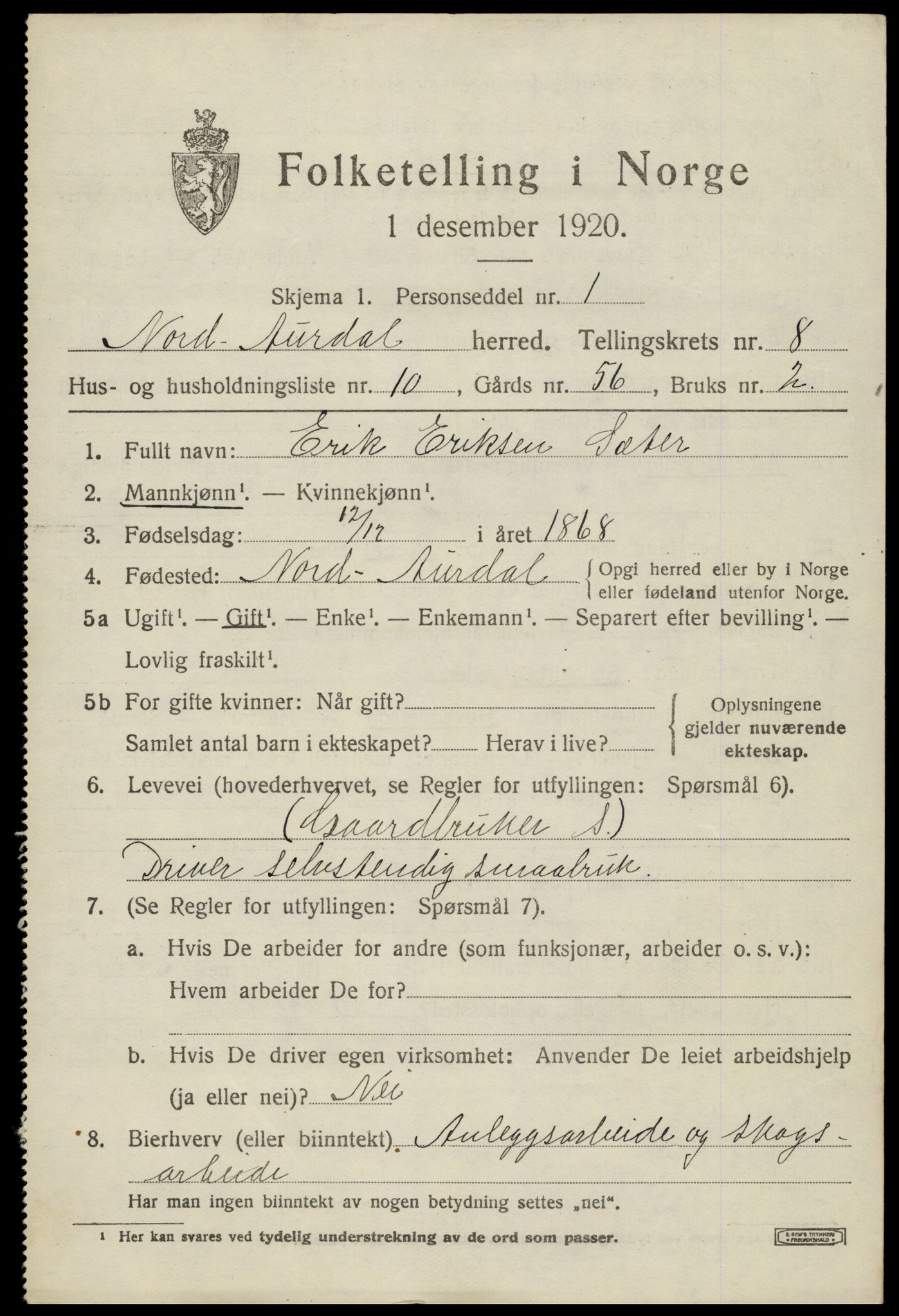 SAH, 1920 census for Nord-Aurdal, 1920, p. 6854